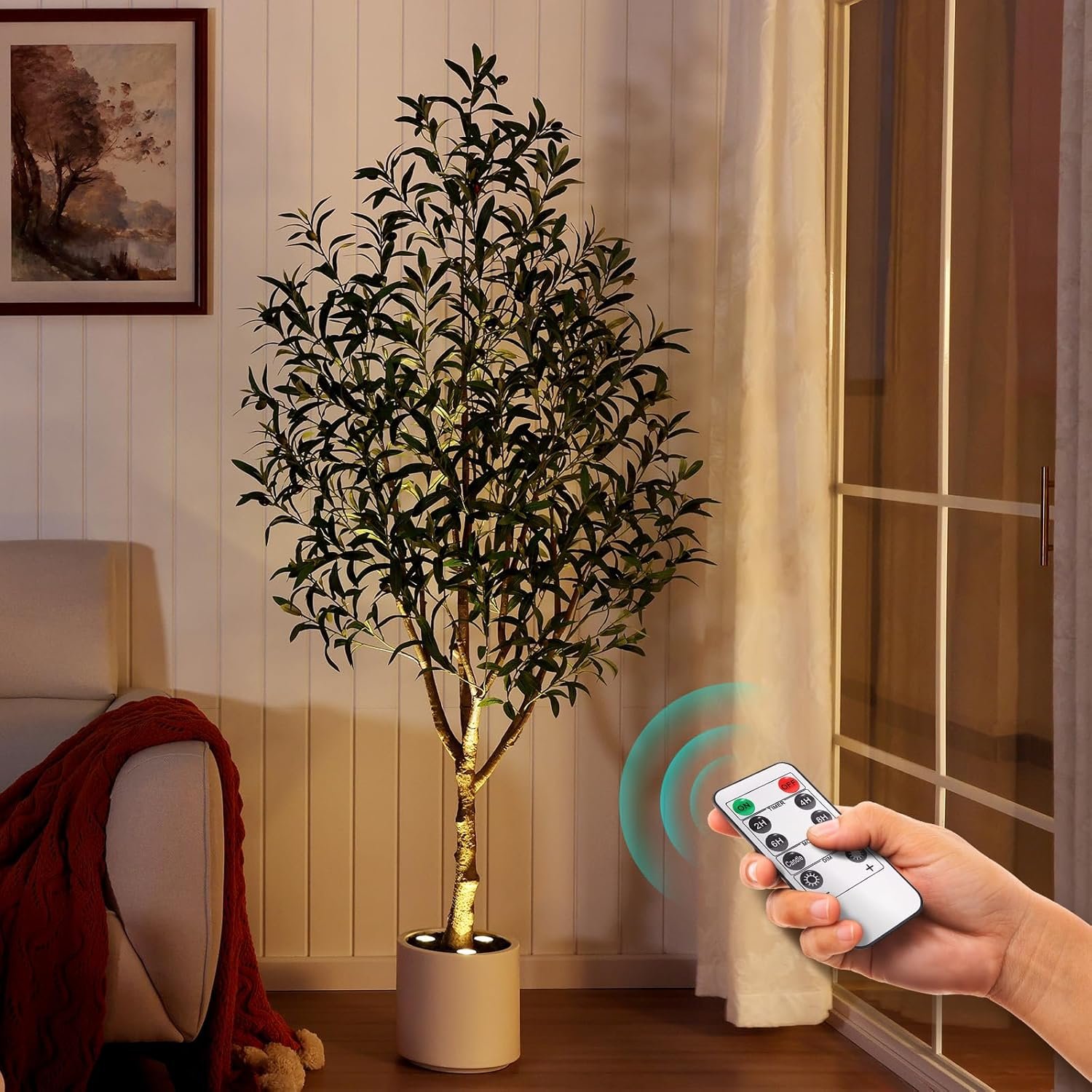 Verinatural Olive Trees Artificial Indoor 6FT – Realistic Fake Plants with Remote LED Spotlights, White Planter – Faux Olive Tree for Home Living Room Office Floor Bedroom Decor,VN214