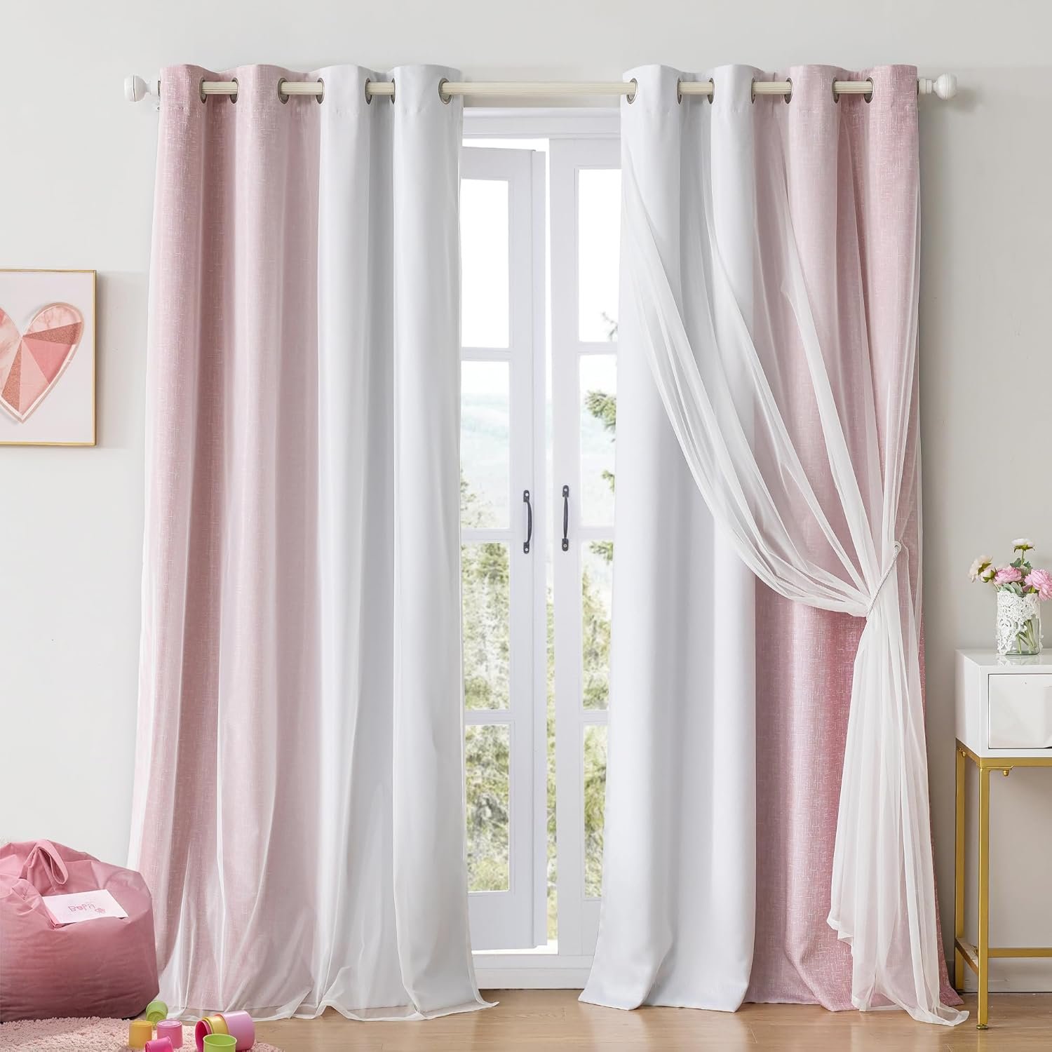 Ombre 100% Blackout Curtains 84 Inches Long 2 Panels for Girls Bedroom Living Room Pink and White Double Layer Sheer Overlay Mix & Match Grommet Thermal Soundproof Drapes with Tiebacks