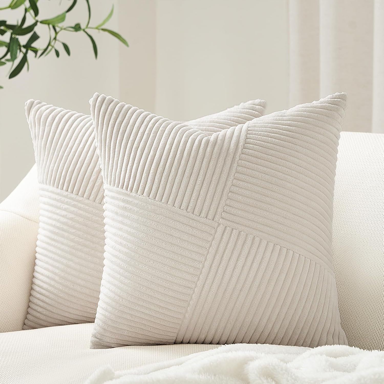 Topfinel Cream White Decorative Neutral Throw Pillow Covers 18×18 Inch for Couch Sofa Bed, Soft Corduroy Striped Patchwork Windmill Textured Square Cushion Covers Set of 2 Spring Boho Home Decor