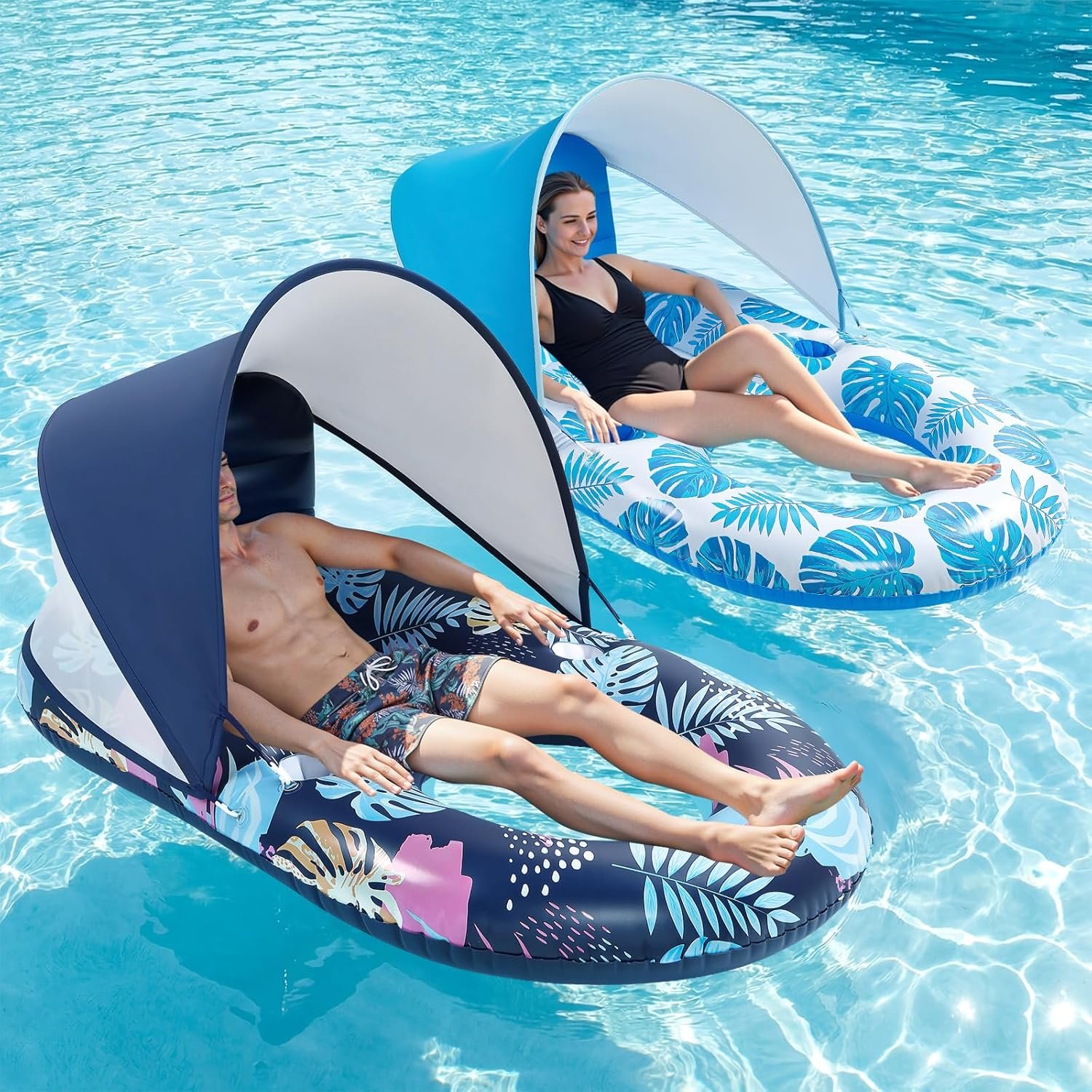 Inflatable Pool Floats with UPF50+ Canopy-Removable-120° Adjustable, Large Pool Beach Floating Raft Lounge with 2 Cup Holders