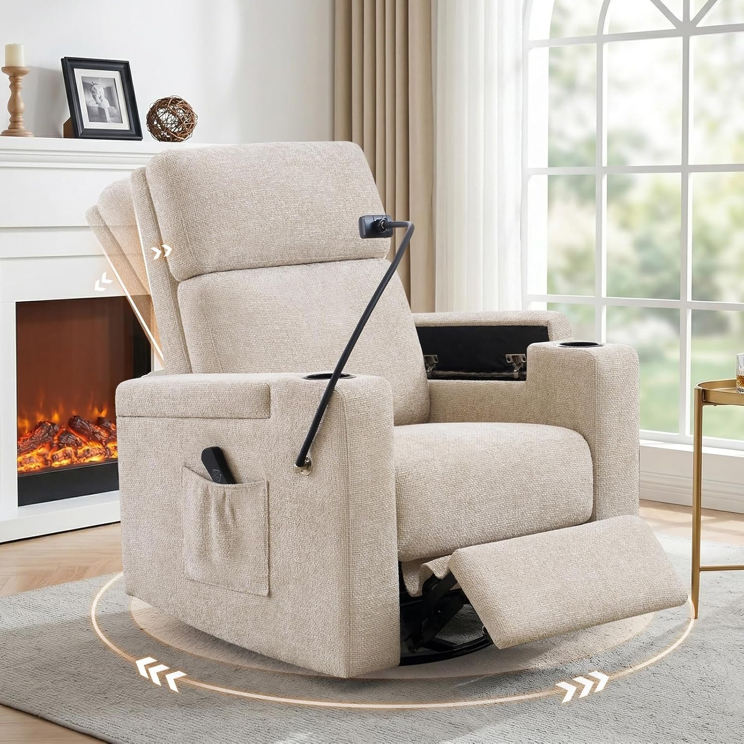 ABCASA Power Recliner Rocking Chair Nursery Glider, Swivel Reclining Nursery Rockers for Baby Room & Living Room, Chenille Chair with Phone Holder, USB/Type-C Ports, Arm Storage, Light Brown