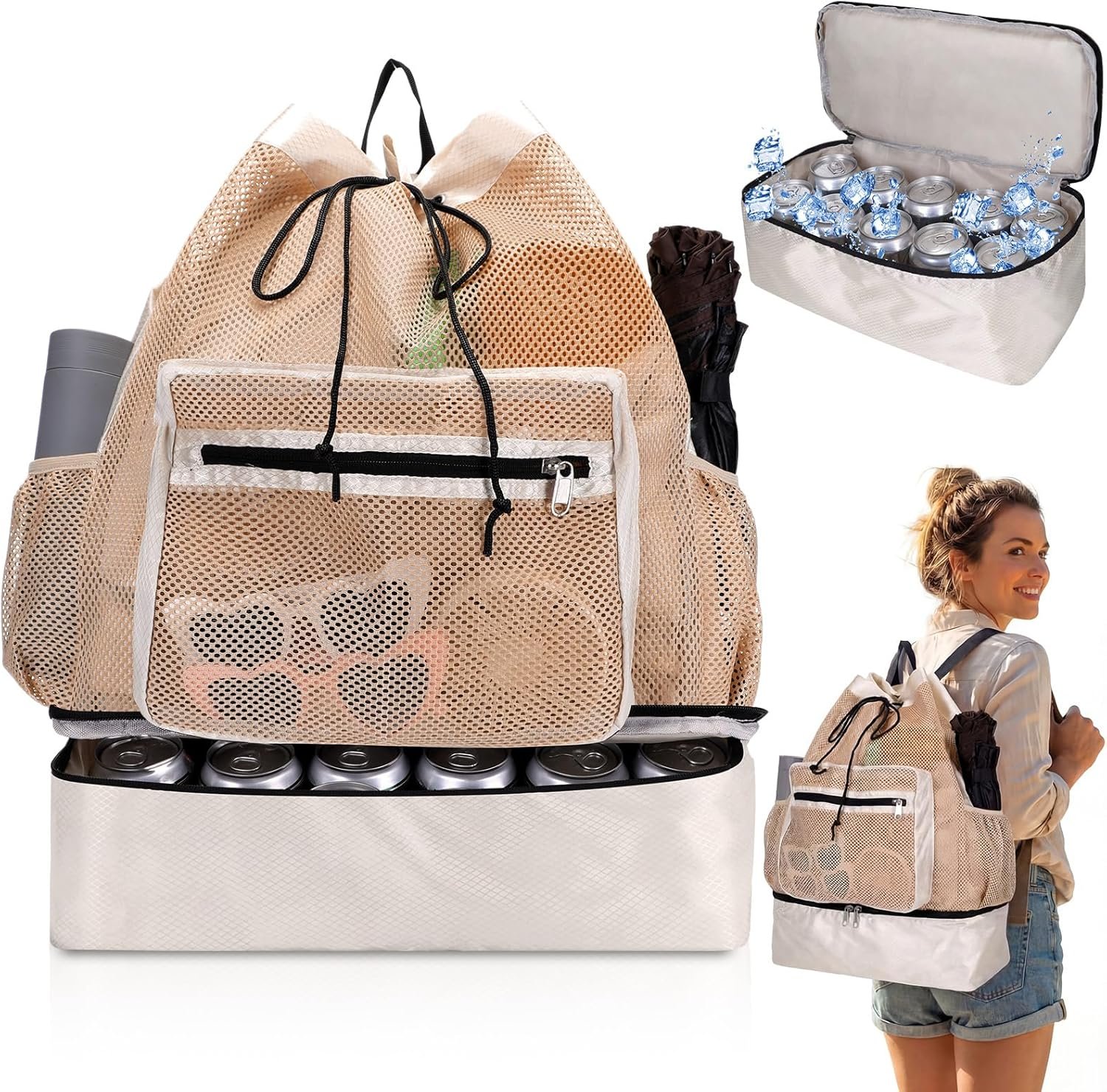 Mesh Beach Drawstring Backpack with Cooler Beach Bags Sandproof Swim Bags Leakproof with Zipper for Seaside Pool Travel