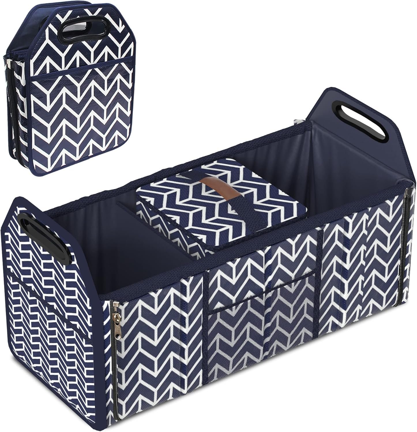 Orionstar Trunk Organizer, Foldable Car Storage Bag Portable Insulation Cooler Bag Collapsible Vehicle Organizer Divider Storage Totes with 3 Compartment Cargo Tote for Groceries Caddy SUV, Navy Blue