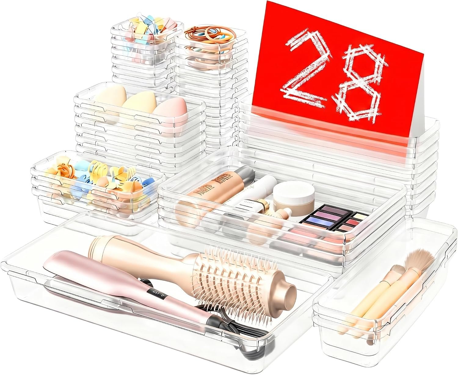 A-LuGei 【Military Grade】 Drawer Organizer, 【𝟱𝗦𝗶𝘇𝗲】 Makeup organizer, 【Holds 177 Items】 Bathroom Organizers and Storage, Organization and Storage, Desk Drawer Organizer for Vanity (Clear)