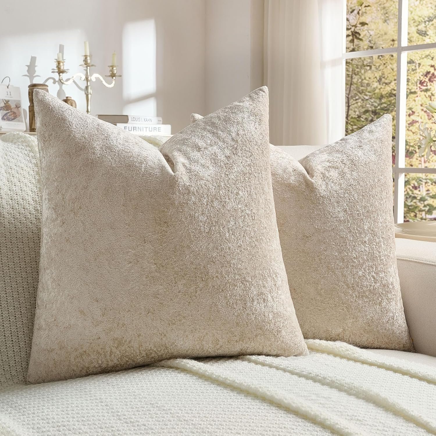 FUTEI Pack of 2 Solid Flannel Throw Pillow Covers 18×18 Inch Soft Crushed Textured Neutral Decorative Cushion Cases Vintage Farmhouse Accent for Couch Living Room, Beige