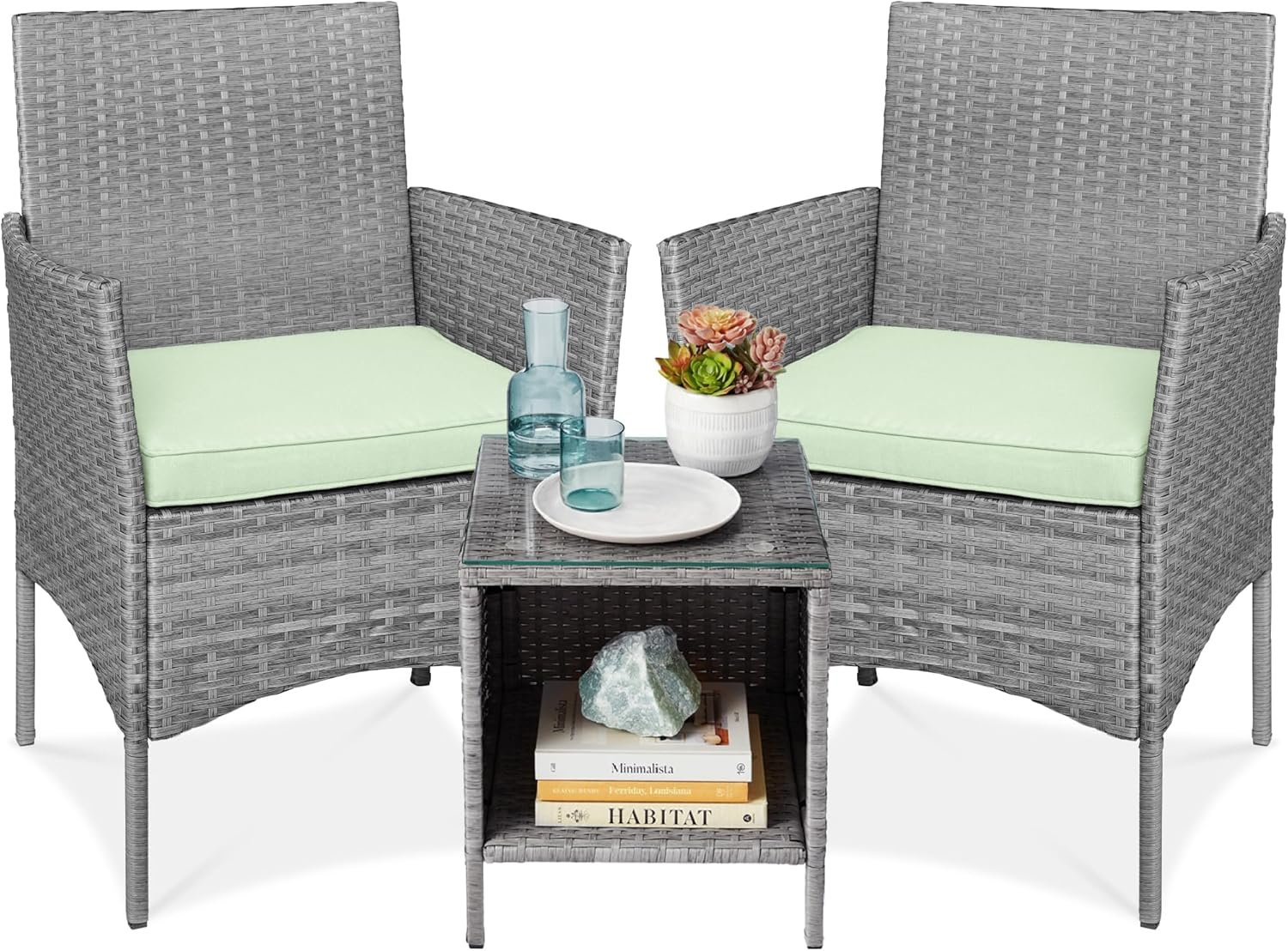 Best Choice Products 3-Piece Outdoor Wicker Conversation Bistro Set, Space Saving Patio Furniture for Garden w/Side Table – Gray/Light Mint