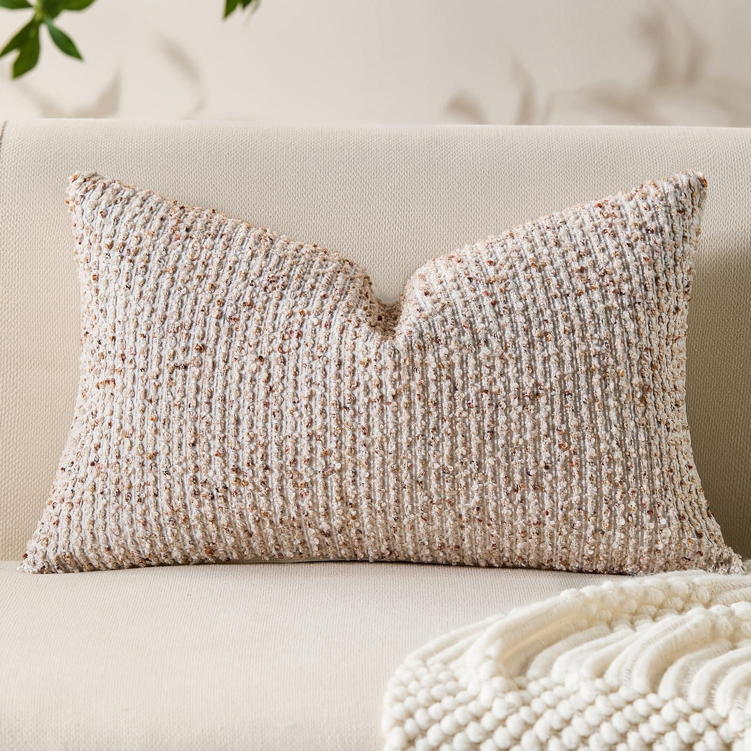 Allorry Decorative Lumbar Pillow Cover 12×20 Beige Striped Soft Wool Lumbar Throw Pillow Neutral Textured Boho Cushion Covers for Modern Farmhouse Sofa Bedroom Living Room Decor SY011-A12