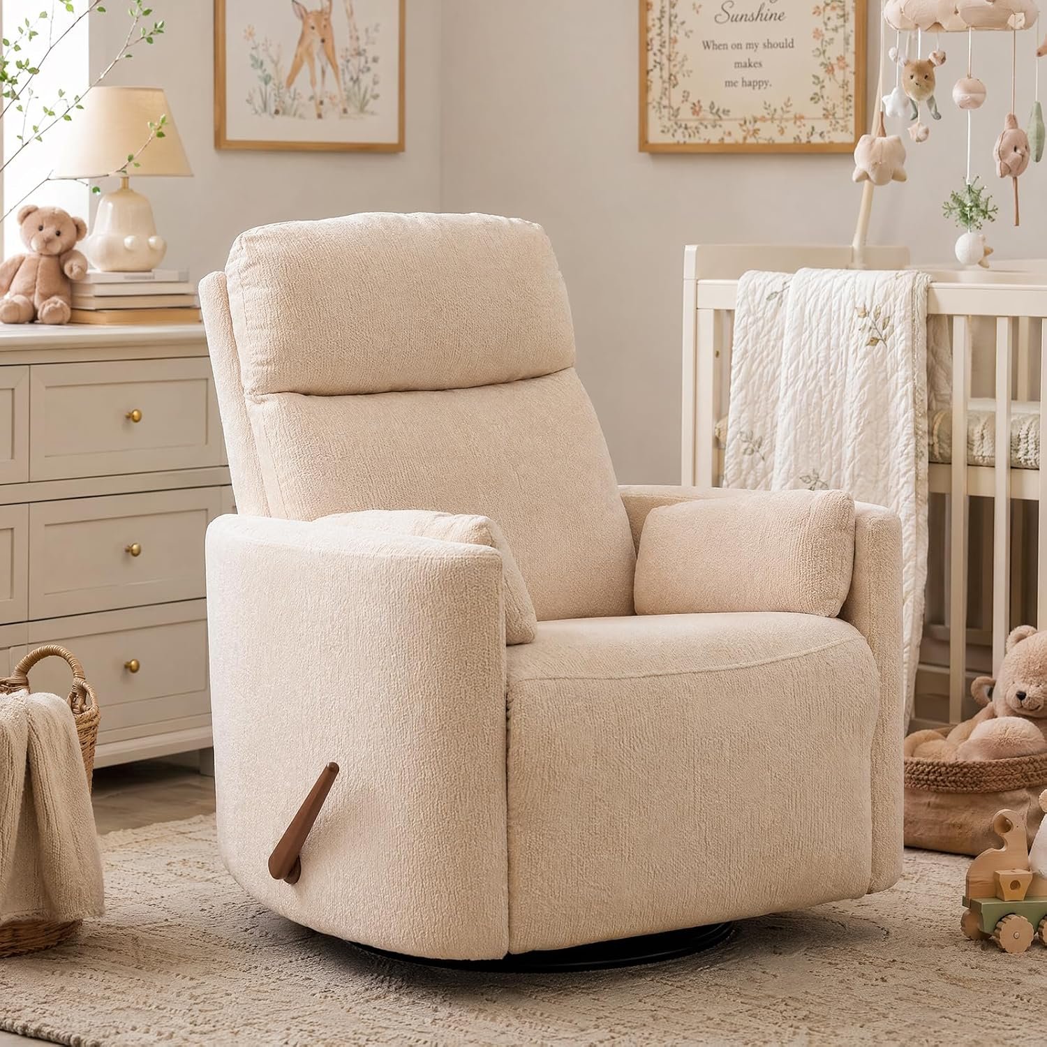 Oversized Swivel Rocker Recliner Chair with Heat and Massage, Rocking Chair Nursery with Adjustable Headrest, Manual Rocker Recliner Chair, Glider Recliner Nursery Chair with 2 Pillows, Chenille Beige