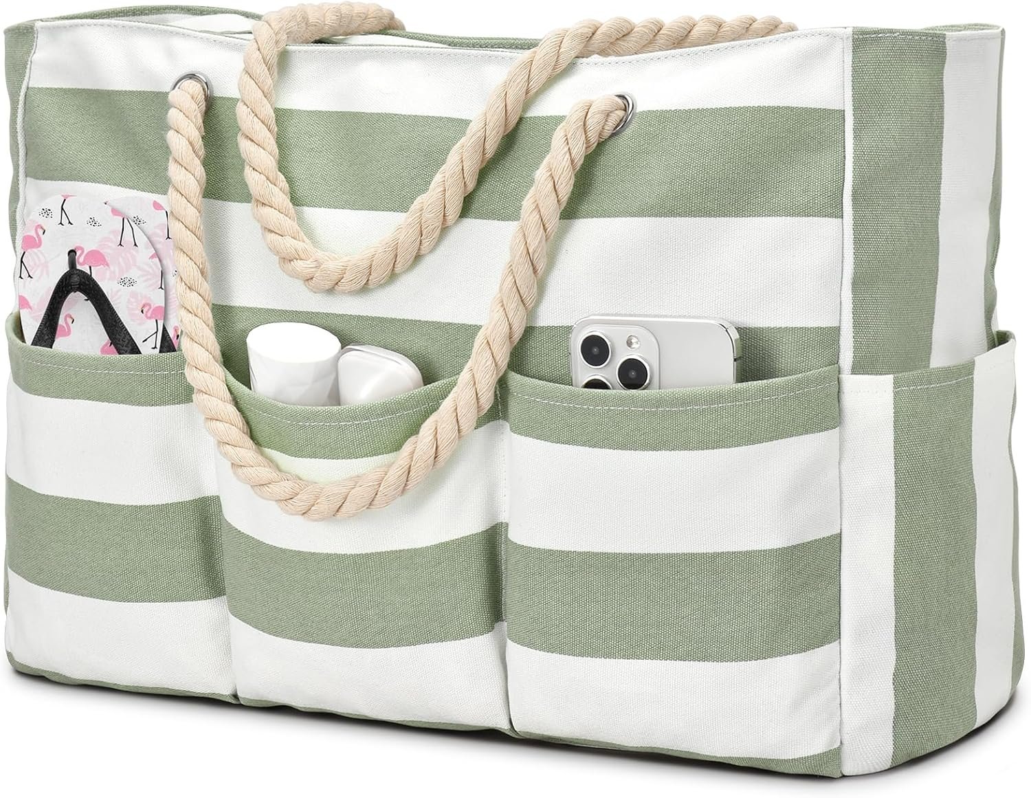 Becokan Beach Bags for Women Canvas Large Beach Tote Bag Zipper Waterproof Sandproof Foldable Swim Pool Bag with 7 Pockets