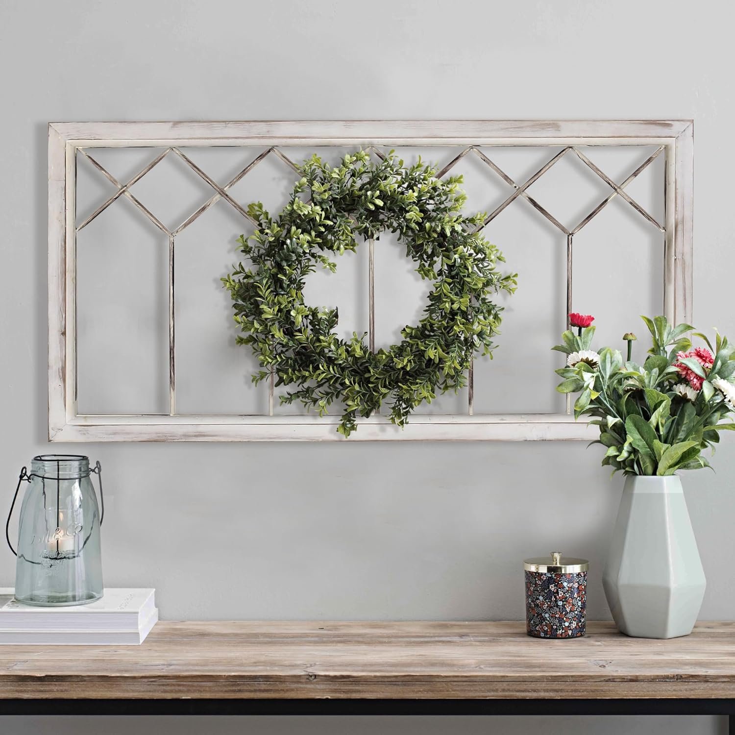 Oakrain Wood Window Frame Wall Art, 39″x 20″ Rustic Wall Decor, Farmhouse Window Pane Decor for Wall, Decorative Wall Sculptures for Living Room, Bedroom, Entryway, Hallway, Distressed White