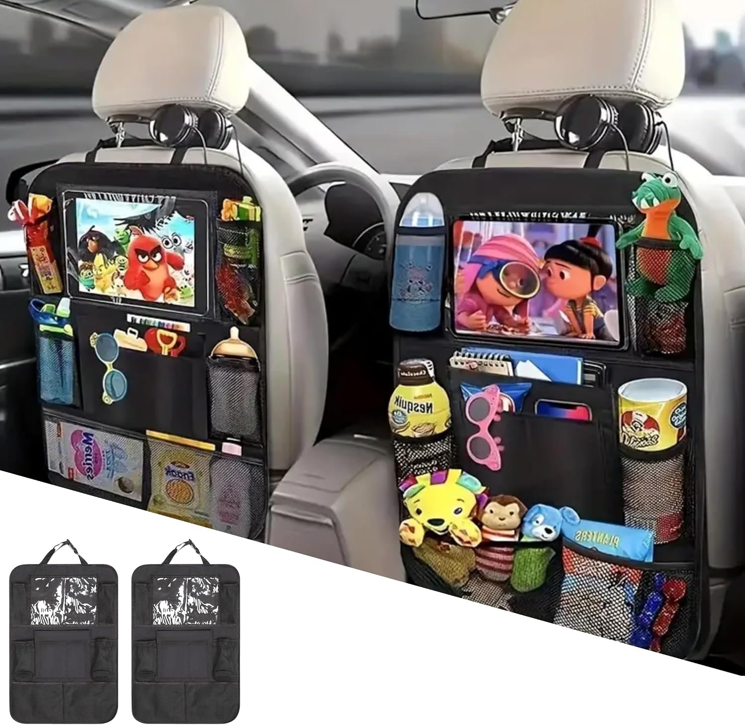 Car Backseat Organizer, Kids Seat Pockets, Back Seat Protector, Durable Strong Straps, Touchable Tablet Holder, Easy Wash, 10 Storage Pockets, 2 Pack Set