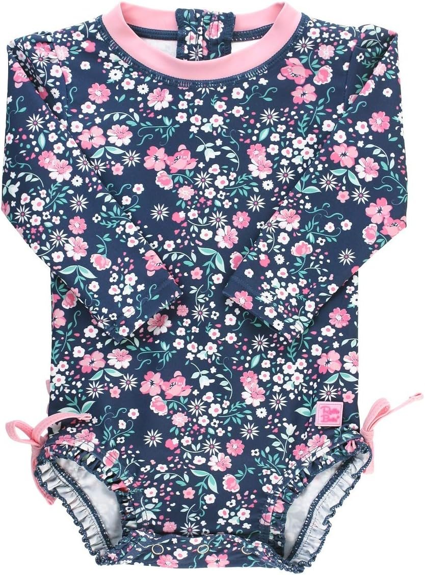 RuffleButts Baby Girls UPF 50+ Sun Protection Floral Printed Long Sleeve One Piece Rash Guard Swimsuit with Zipper