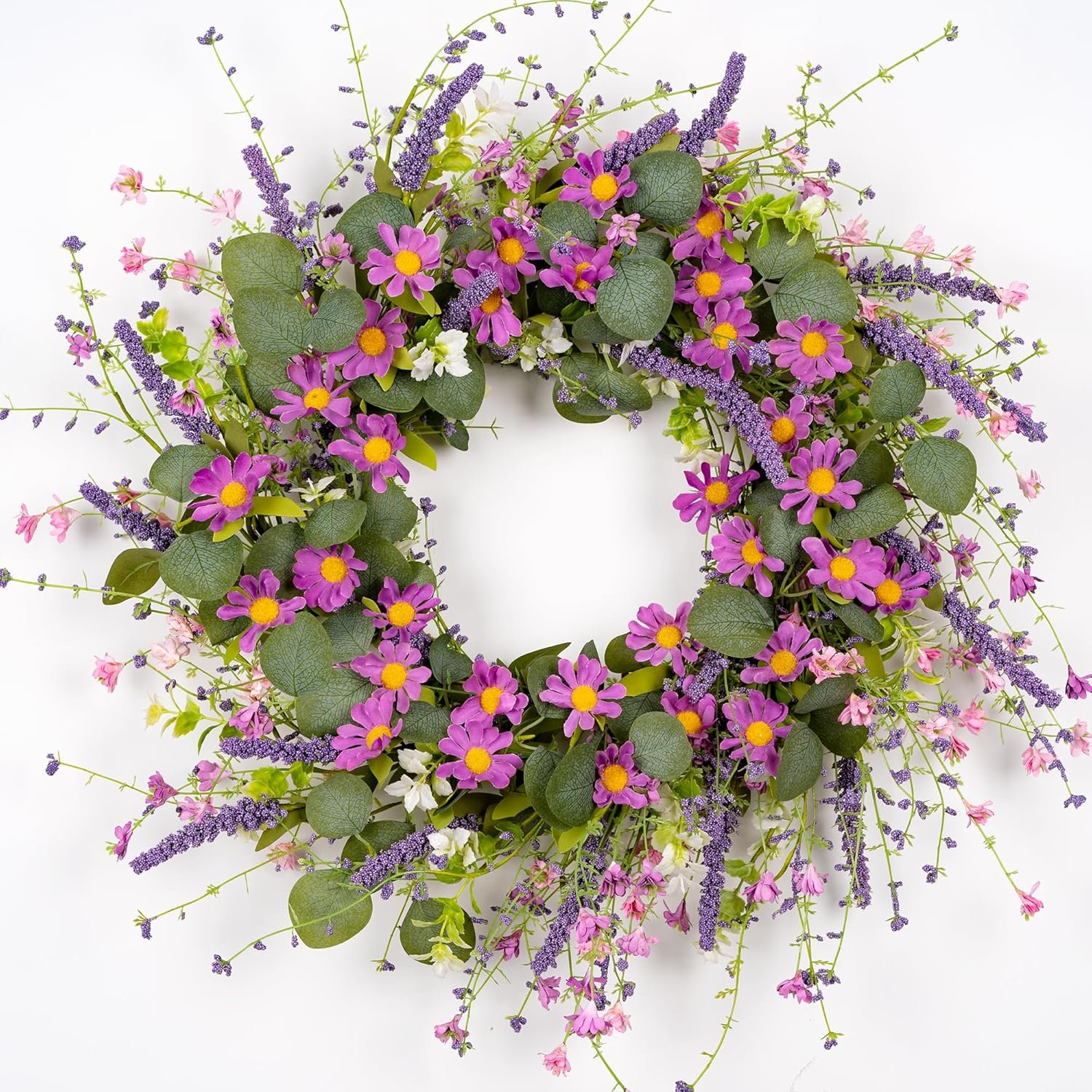 26″ Spring Summer Wreaths for Front Door, Artificial Green Eucalyptus Leaves Lavender Purple Daisies Wildflower Berries Handmade Floral Year Round Indoor Outdoor Porch Home Decor
