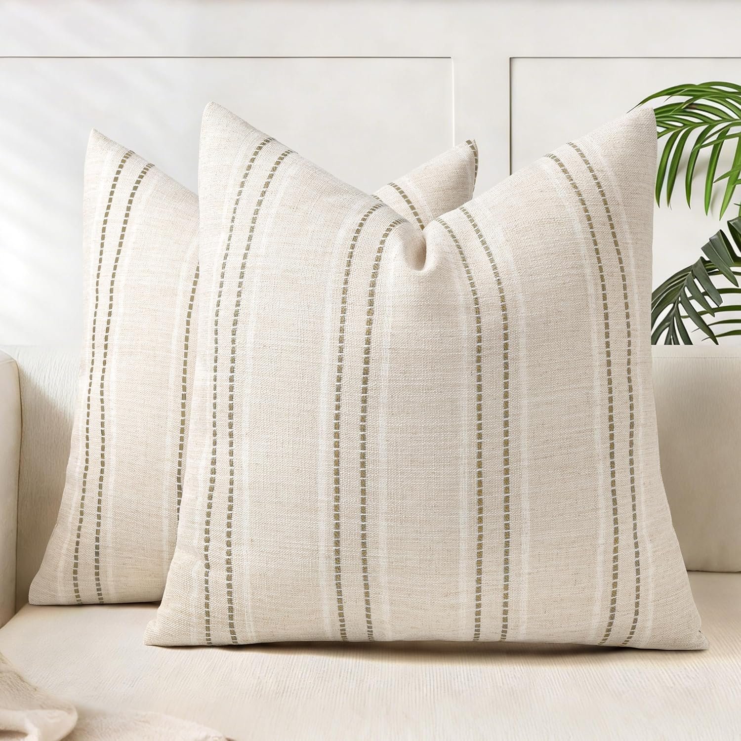 AELS 18×18 Decorative Farmhouse Linen Blend Throw Pillow Covers, Boho Textured Pillow Case, Set of 2, Beige with White & Brown Stitch Yarn Dyed Stripe Cushion Cover for Sofa Living Room (Cover ONLY)