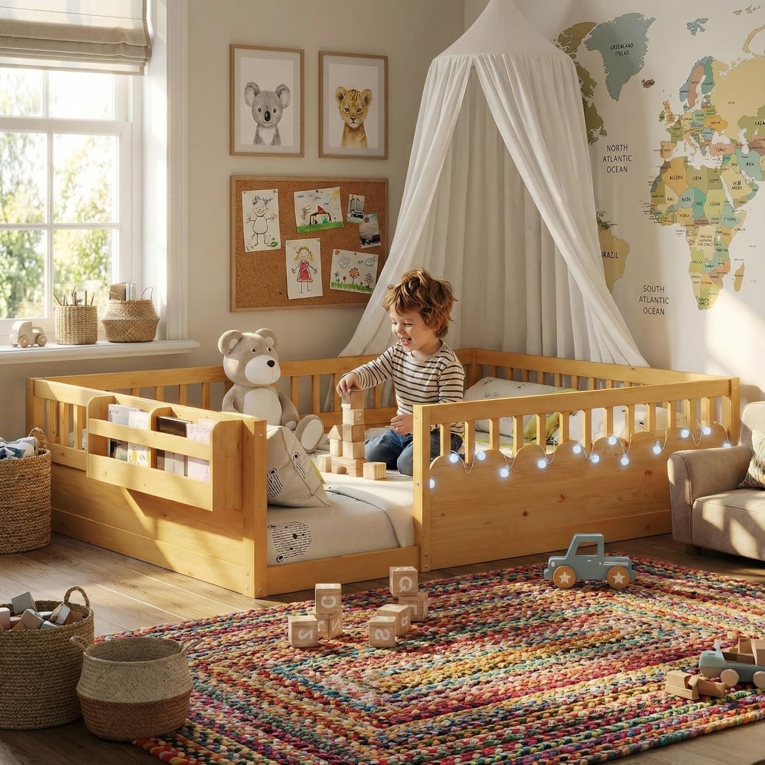 Montessori Floor Bed with High Rails,Full Size Floor Bed Frame for Kids, LED Lights & Storage Shelf, Safe & Wider Opening Gate Design, Playground & Sleep Space for Girls Boys,Natural