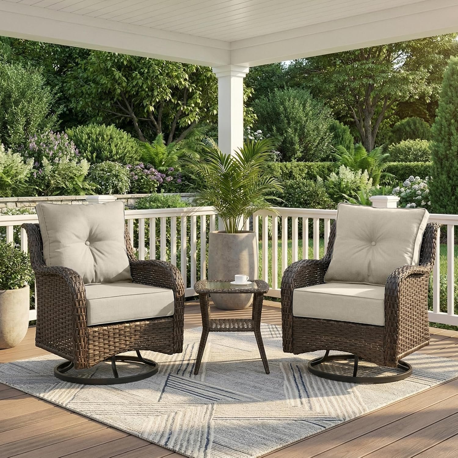 Patio Furniture Set, 3PCS Outdoor Wicker Conversation Set Porch Furniture with 6″ Thick Cushions, High Back Swivel Chairs, Weather Resistant Olefin Fabric for Garden, Poolside, Beige