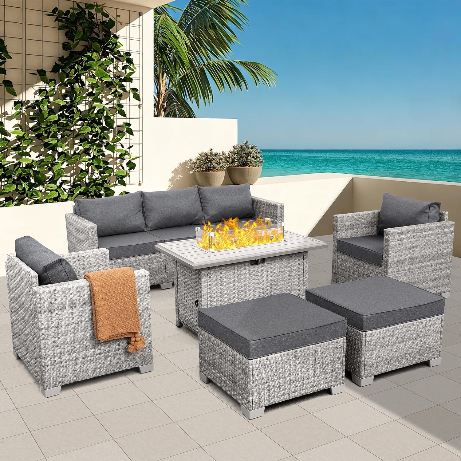 WAROOM Patio Furniture Set 6 Piece PE Rattan Outdoor Conversation Sets Grey Wicker Couch Sectional Sofa with Fire Pit Table and Grey Cushion