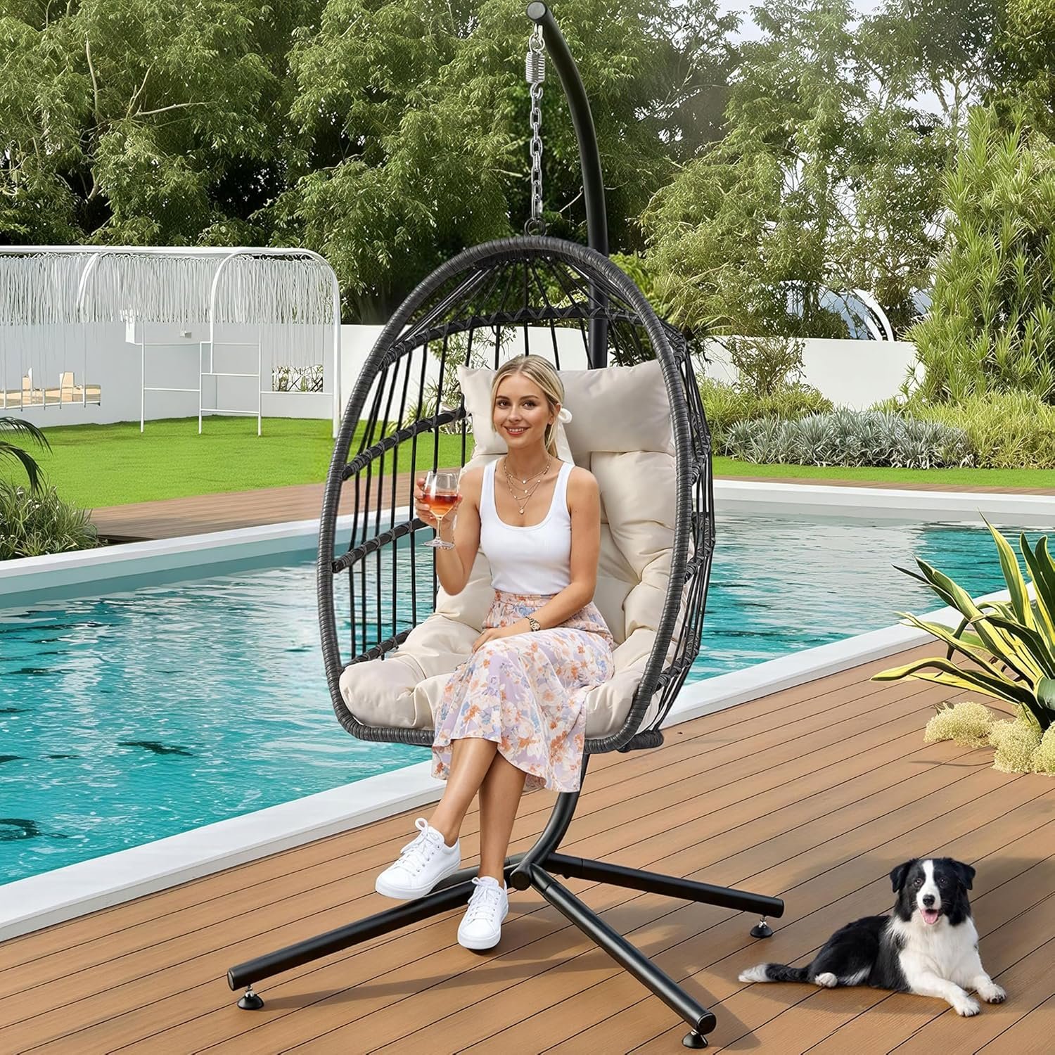 Hanging Egg Chair with Stand & Cushion – 350LBS Capacity Oversized Outdoor Foldable Patio Swing Chair, Thickened Metal Frame with Durable Rattan Wicker for Garden Porch Bedroom (Beige, Solo)