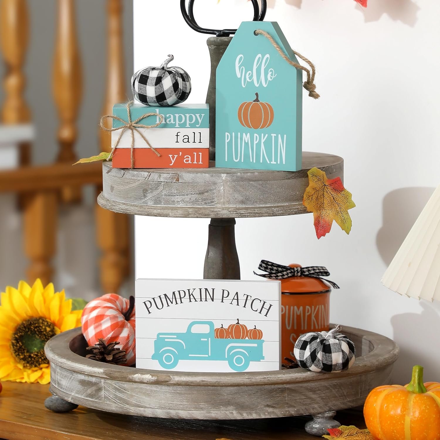 Thanksgiving Fall Tiered Tray Decor Set, 17Pcs Blue Fall Wood Signs Decor, Maple Leaves, Buffalo Plaid Pumpkins, Truck Book Stack Wooden Signs, Autumn Thanksgiving Farmhouse Table Decor Sign for Home Decor