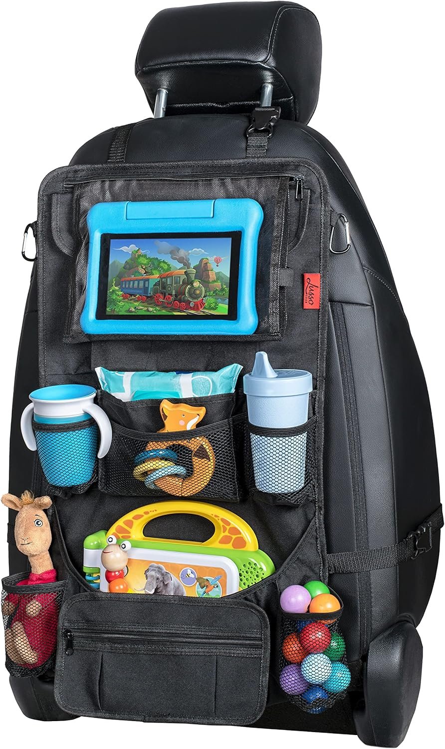 Lusso Gear Backseat Car Organizer- Kick Mat Protects Against Kids Feet – 12 Large Storage Pockets – iPad,Tablet, Water Bottle Holder- Durable, Heavy Duty Road Trip Essential (Black)