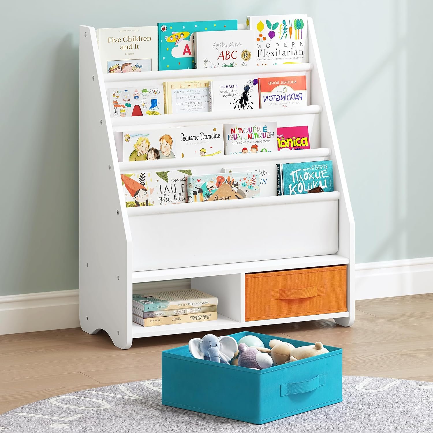 UTEX Kids Bookshelf with Storage Bins, Book Shelf for Kids Rooms, 4-Tier Toddler Sling Bookshelf for Nursery, Living Room, Bedroom, White