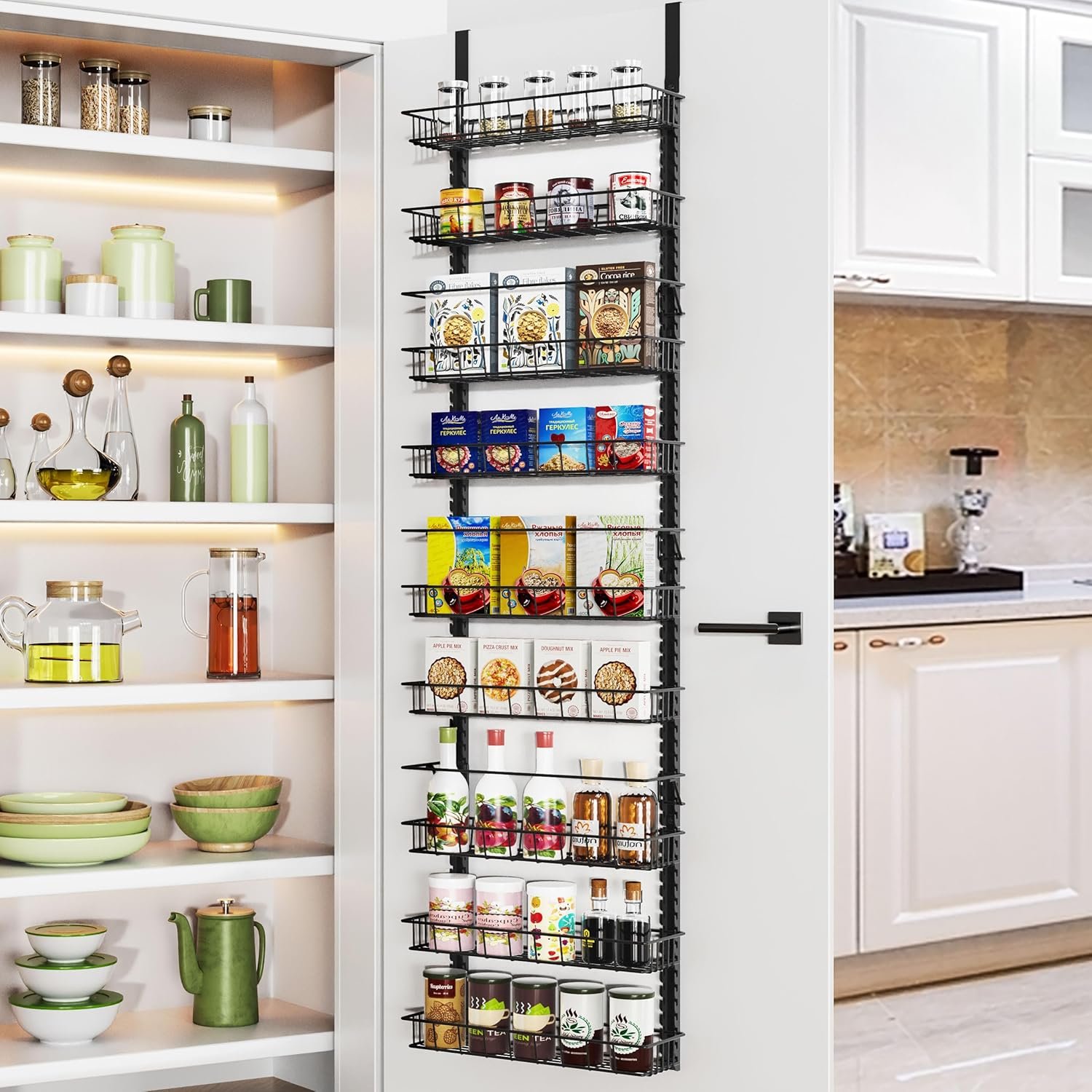 Churboro Over the Door Pantry Organizer Rack with 9 Adjustable Baskets, 9 Tiers Dual-use Hanging or Wall Mount Spice Rack Organizer, Black