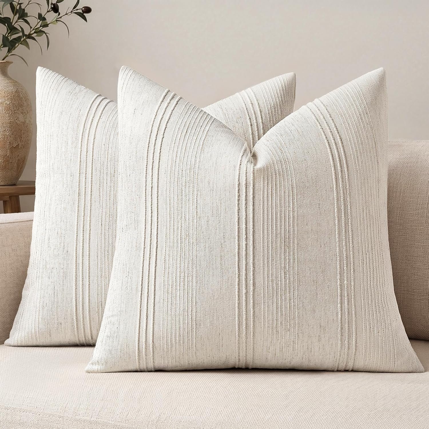 MIULEE Striped Throw Pillow Covers 20×20 Decorative Textured Pillow Covers Pack of 2 Linen Cushion Cases for Couch Bed Sofa Livingroom Farmhouse Home Decor, Natural Beige