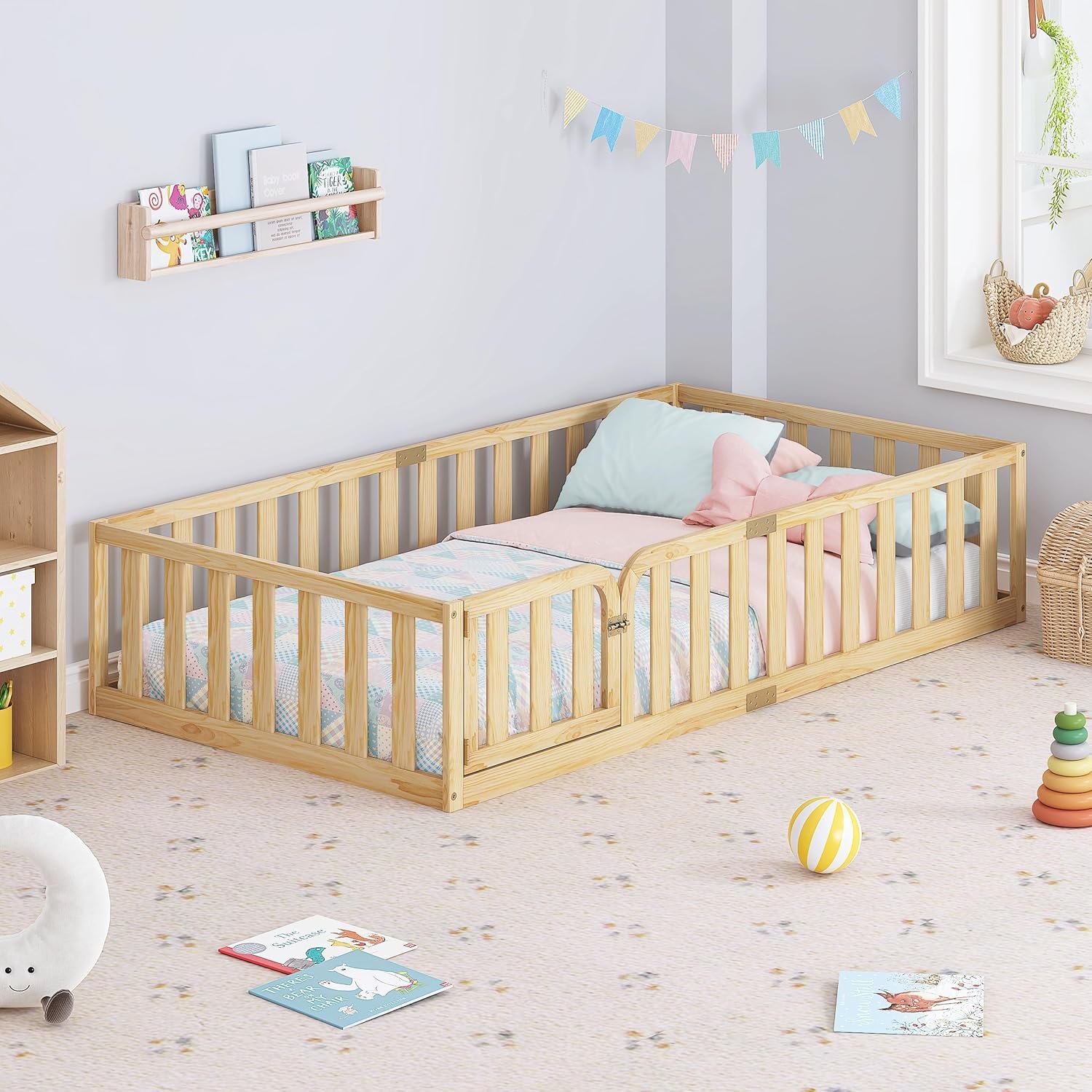 Spirich Twin Size Kids Floor Bed Frame with Fence and Door, Solid Wood Montessori Floor Bed for Kids Without Slats, Twin Bed Frame for Boys and Girls, Natural