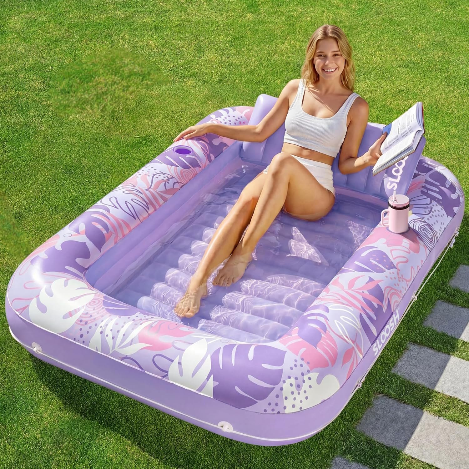 SLOOSH Inflatable Tanning Pool Lounger Float, 70″ x 46″ Pool Floats Adult with Pillow, 4 in 1 Suntan Tub Raft Floatie,Sunbathing Bed Lounge for Water Blow Up Ball Pit Party Gifts, L-Purple