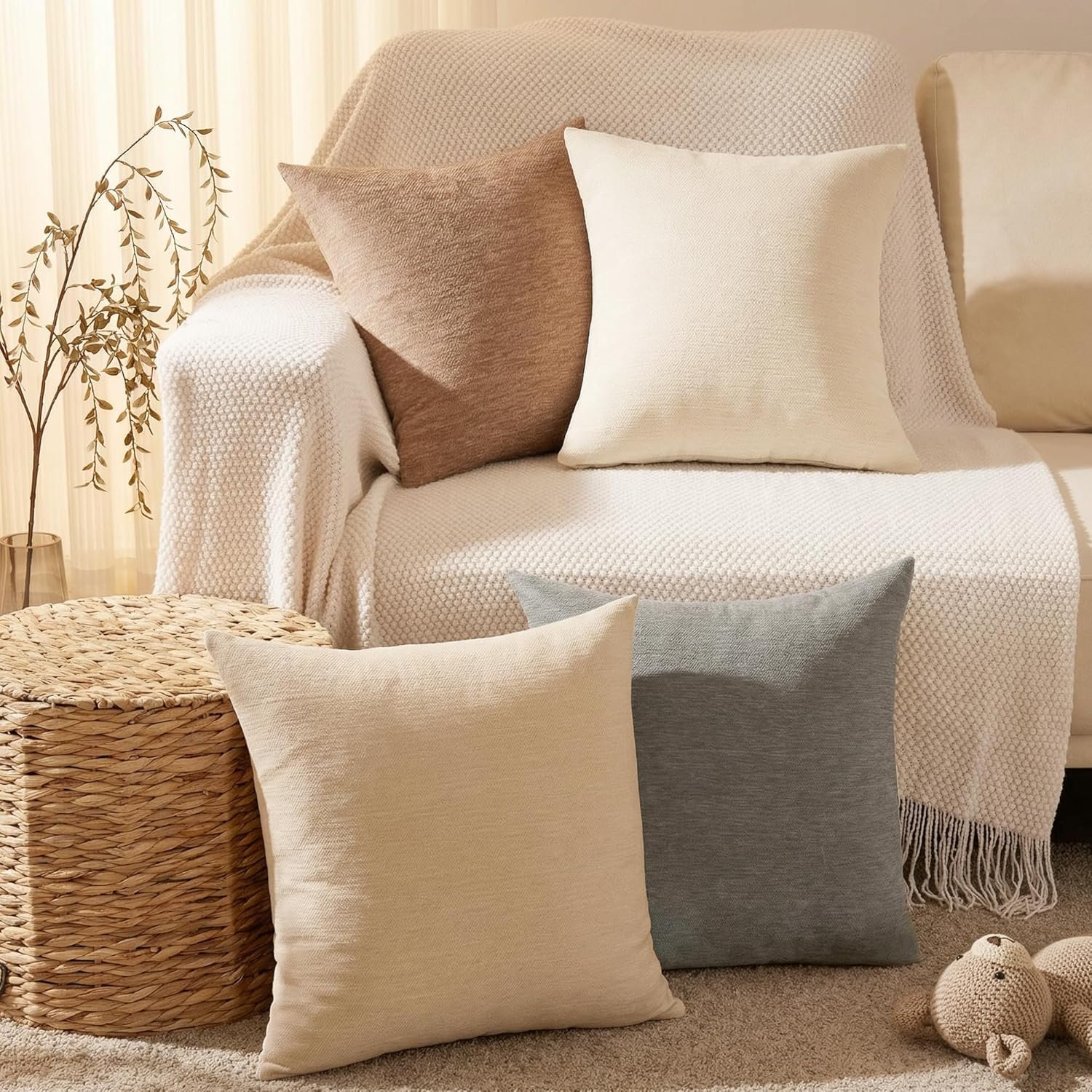 Set of 4 Neutral Throw Pillow Covers 18×18 Inch, Neutral Boho Farmhouse Aesthetic Decorative Pillow Cases for Couch, Sofa, Living Room & Bed, Soft Chenille Pillow Cases, Stylish Home Decor, 45×45 cm