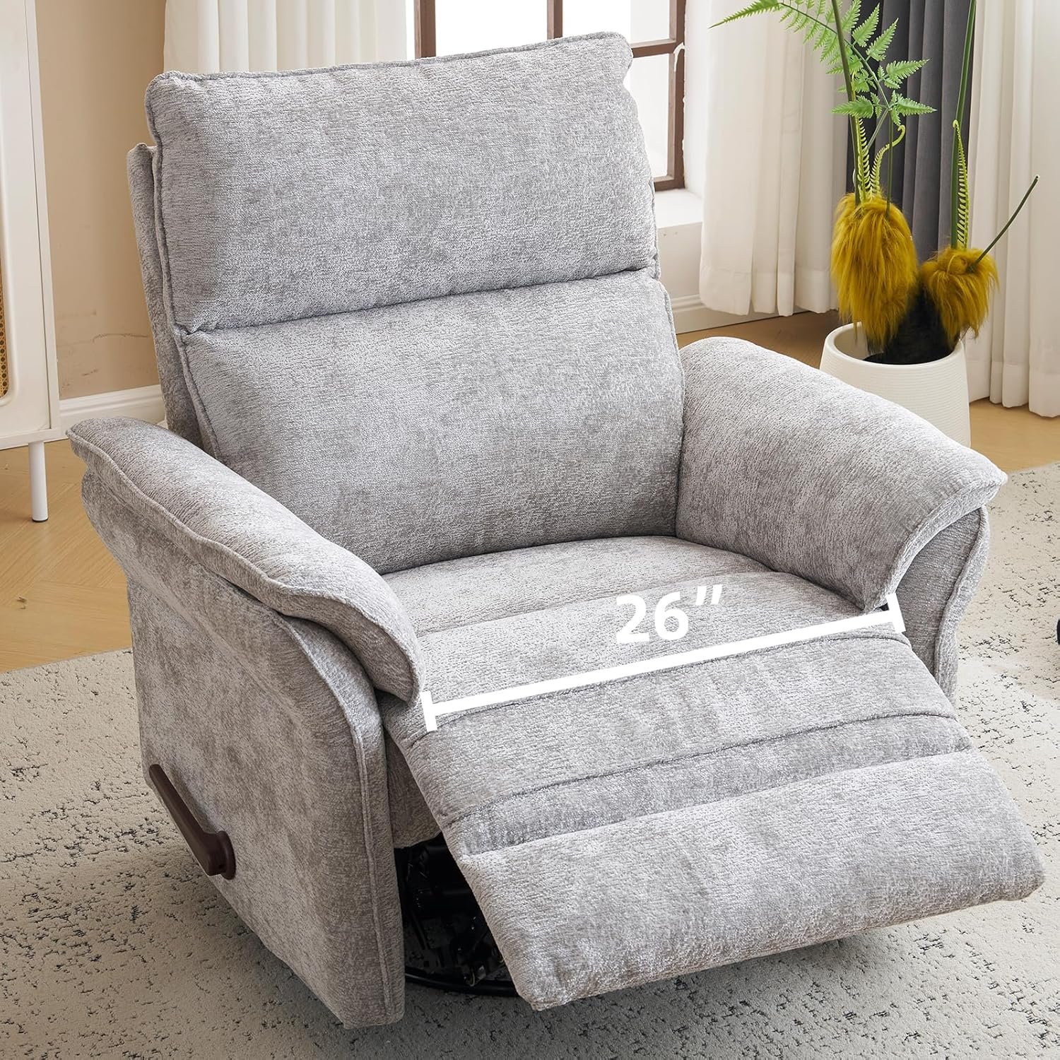 Oversized Glider Rocker Recliner, 26″ Extra Wide 360° Swivel Nursery Recliner with Adjustable Headrest, Chenille Rocking Nursery Chair with Overstuffed Armrest, Lumbar Support, Light Grey