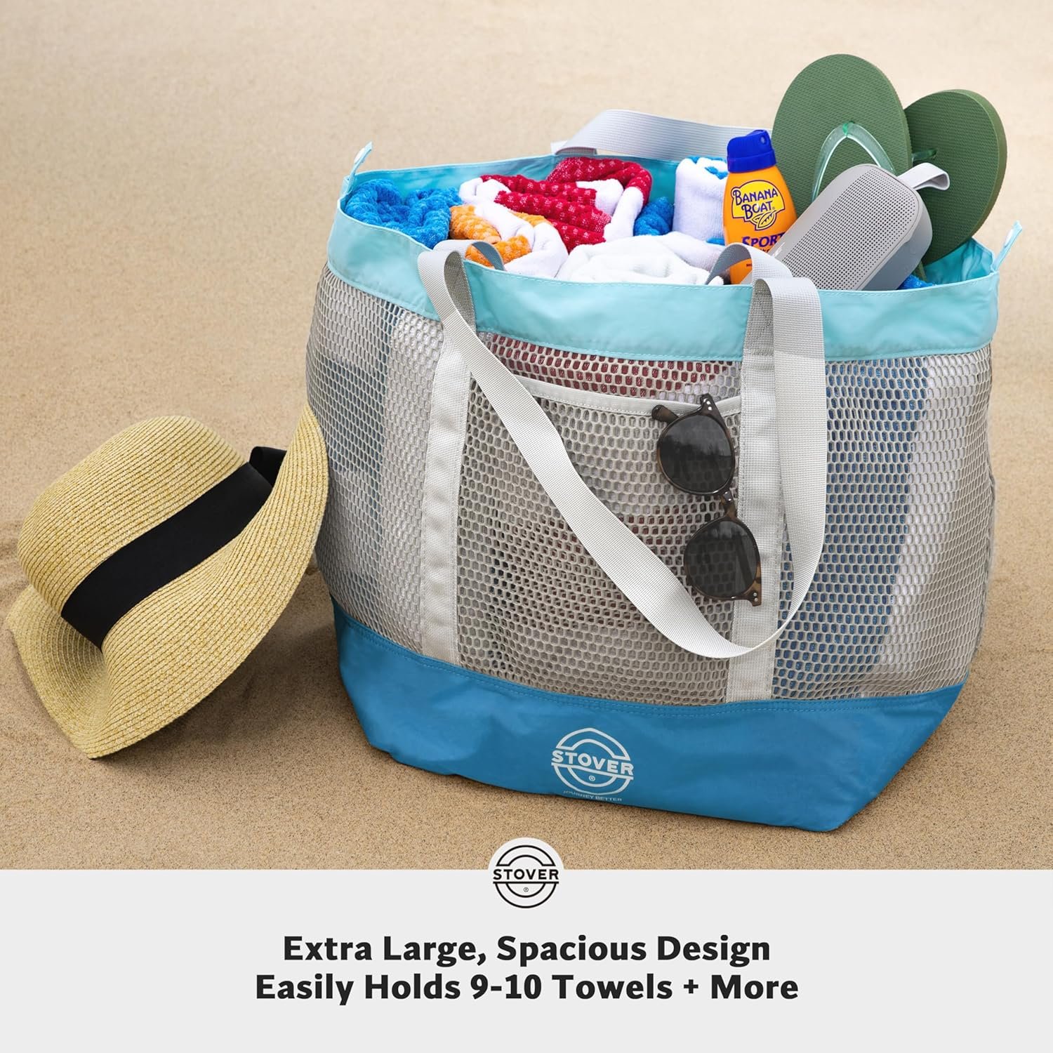 STOVER Extra Large Mesh Beach Bag, Vacation, Pool, Shopping & Travel Tote – Foldable w/Storage Pouch & Pockets for Women, Men