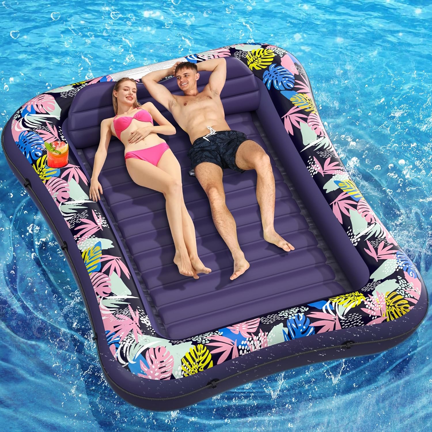 Inflatable Tanning Pool Lounger, OKSUWATER 87″ x 63″ Purple Pool Floats with Headrest & Cup Holder, Air Mattress Sun Tan Tub for Sunbathing, Outdoor, Seaside, Garden, Summer Water Bash (Purple-XL)