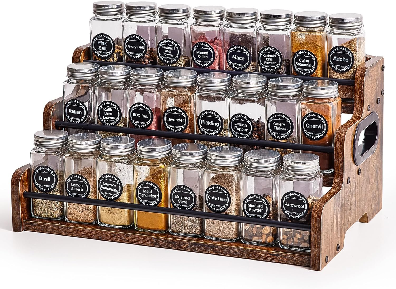 Aminigram Wood Spice Rack Organizer for Cabinet, 3 Tier Spice Shelf Storage, Kitchen Seasoning Organizer for Spice Bottles, Jars, Seasonings, Baking Supplies
