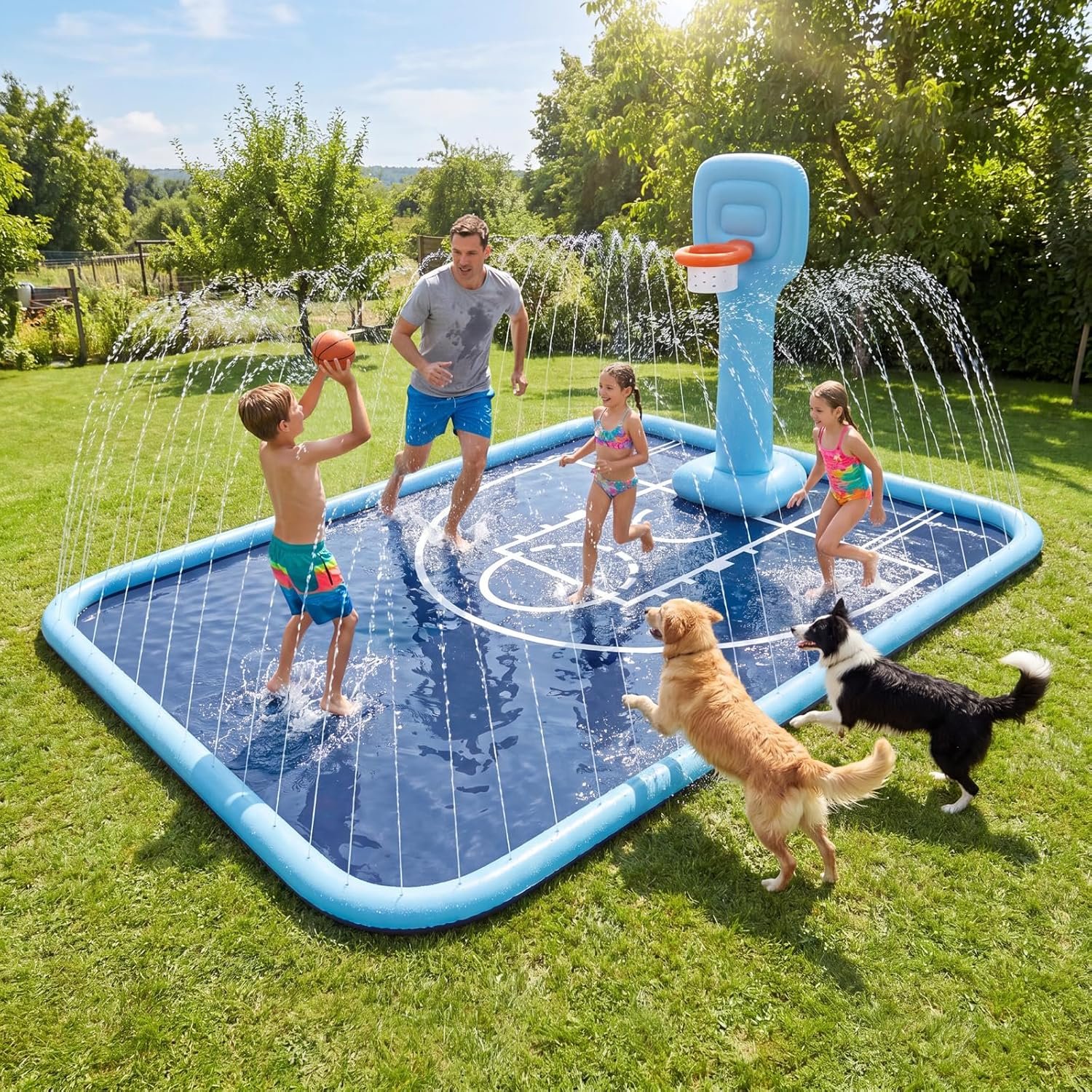 Splash Pad for Kids & Dogs, 138×118” Large Sprinkler Pad with Basketball Hoop, Thickened Non-Slip Splash Mat, Outdoor Water Toy for Kids & Family Backyard Play