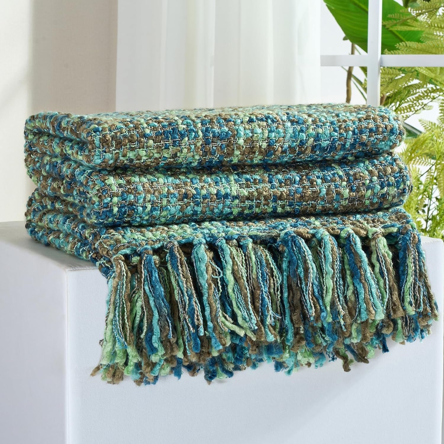 Multi-Color Green Cable Woven Throw Blanket for Couch,60″X80″ Boho Style Textured Blankets for Home Decor,Super Soft Warm Cozy Chunky Blanket with Decorative Tassels for Bed and Sofa