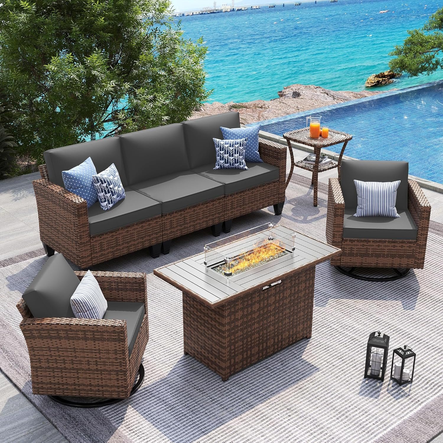 UDPATIO Patio Furniture Set with Fire Pit Table, Rocking Swivel Chairs, 5 Pieces Outdoor Furniture Sets, All-Weather Wicker Outdoor Sectional Sofa with Waterproof Cover, 4” Thickened Cushion, Grey