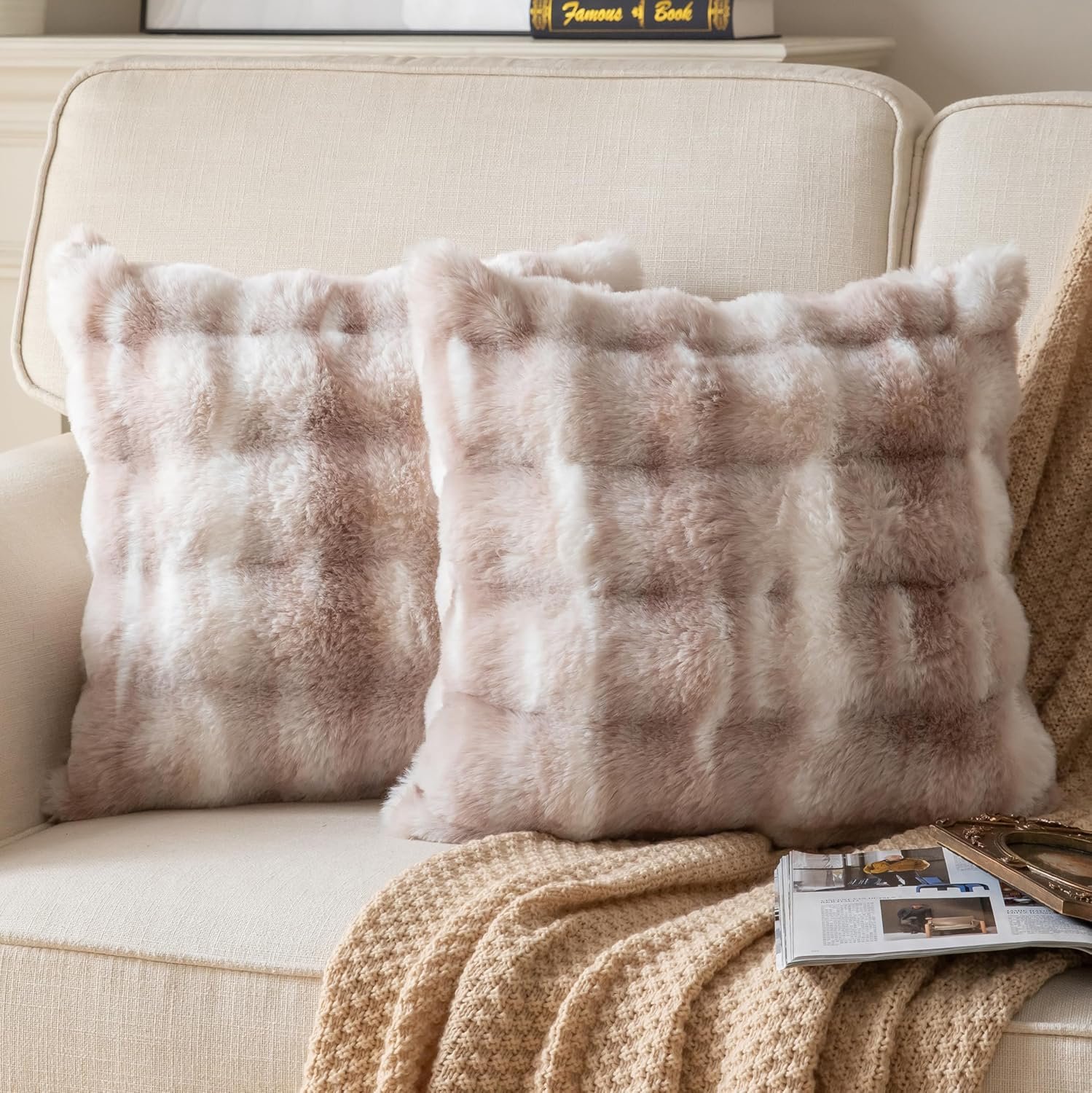 Pack of 2 Thick Plush Throw Pillow Covers Fluffy Wave Faux Fur Decorative Cushion Covers Soft Wool Pillowcase for Sofa Couch Livingroom 16×16 Inch White Taupe