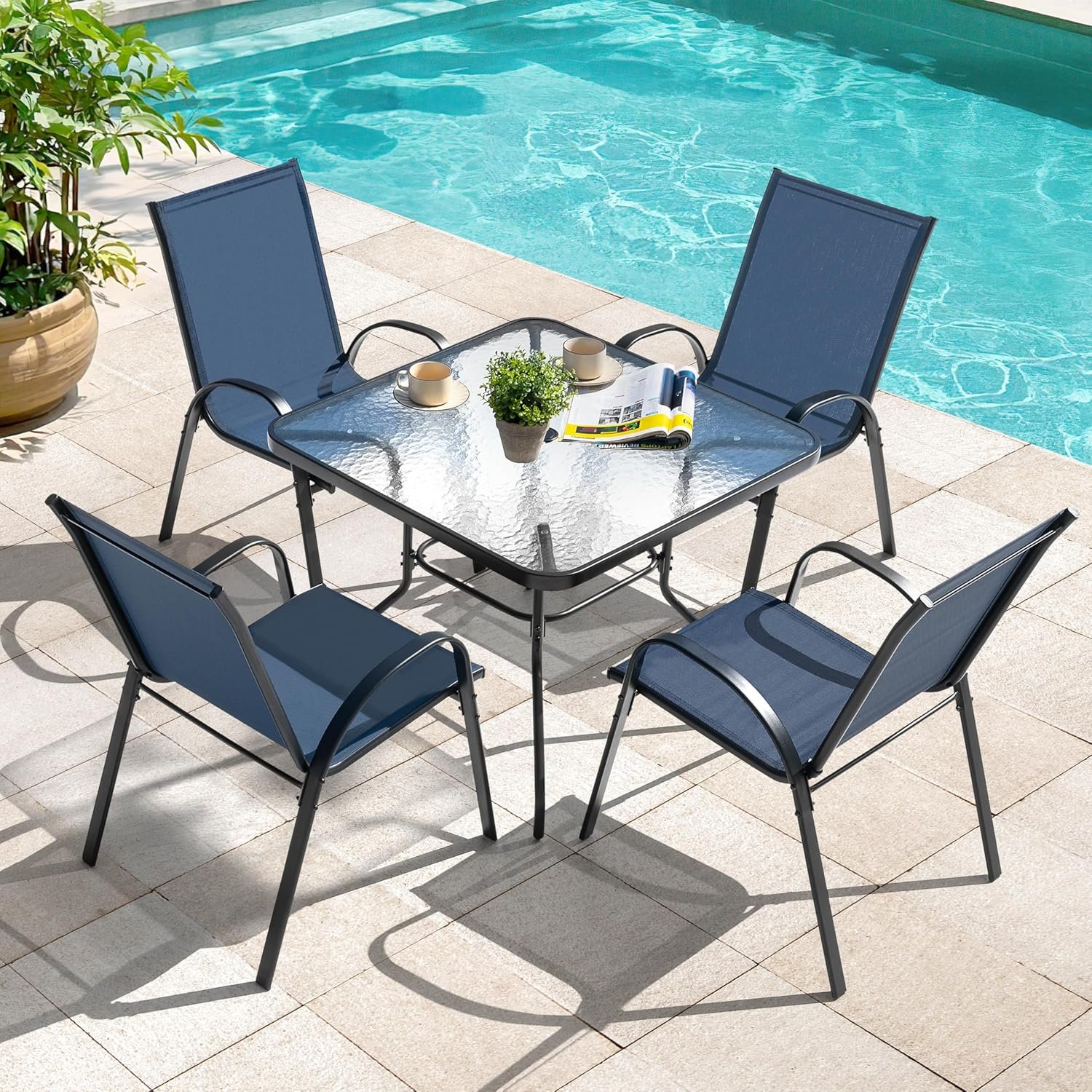 NUU GARDEN 5 Piece Patio Dining Set, Metal Outdoor Table with 31.5″ Square Table and Umbrella Hole, 4 Stackable Chairs, Patio Furniture for Lawn Balcony Garden, Blue and Black