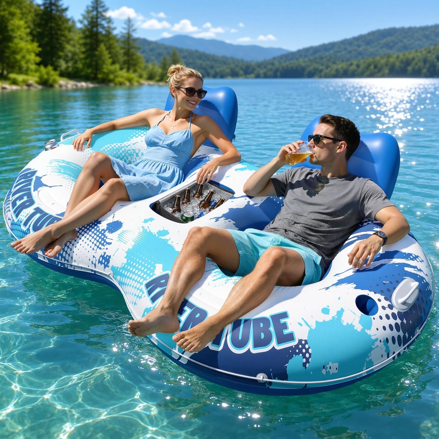 JOSEN Inflatable River Tube Float – 2 Person Heavy Duty River Float, Pool Floats Adult, Lake River Floats Water Tubes for Floating with Removable Cooler & Cupholders for Summer Relaxation