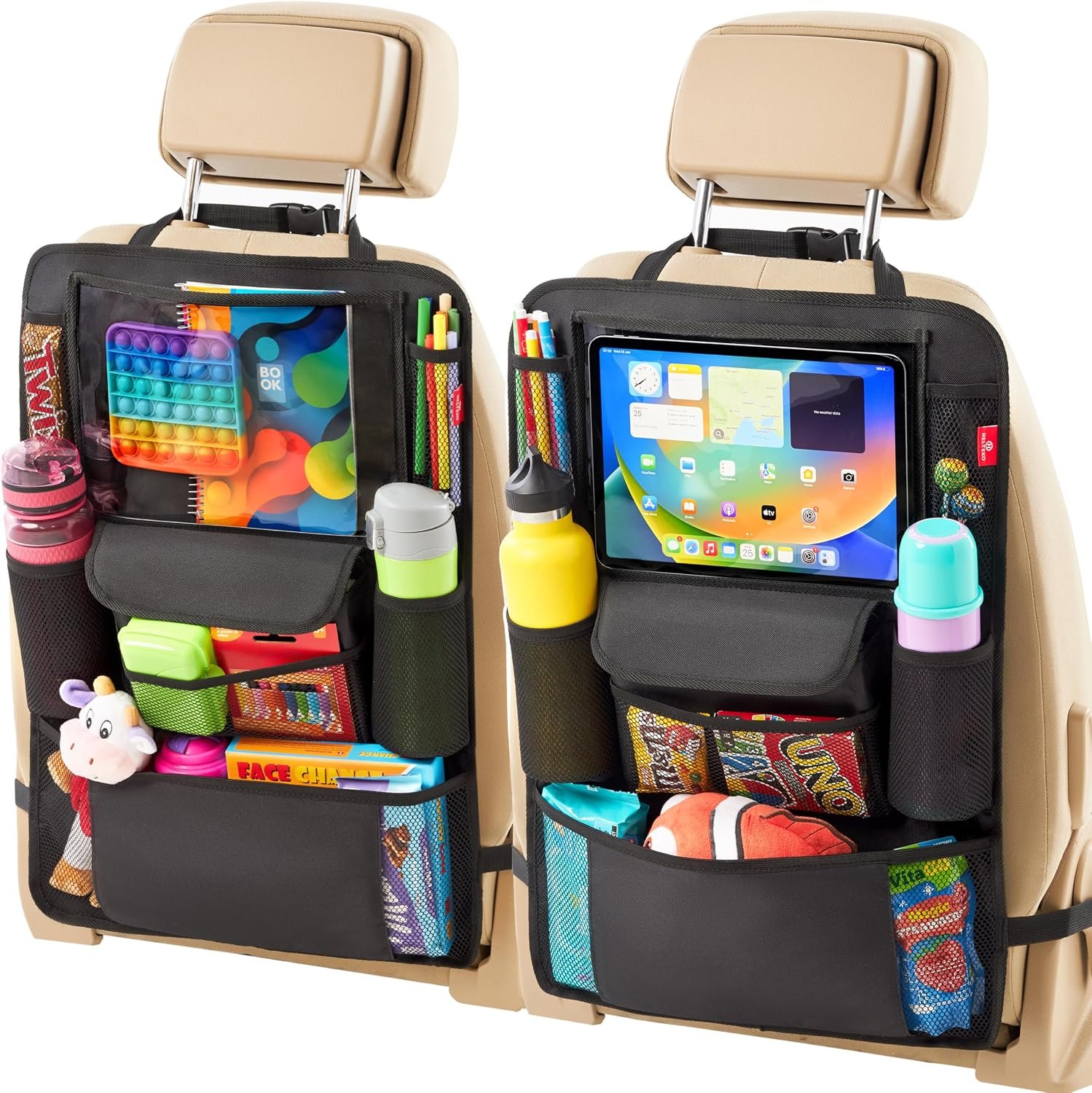 Helteko Car Seat Organizer, Ultra Version Kids Backseat Car Organizers and Storage, Waterproof Back Seat Protector Kick Mats with Tablet Holder 12″ Car Accessories Interior, Black 2 Pack