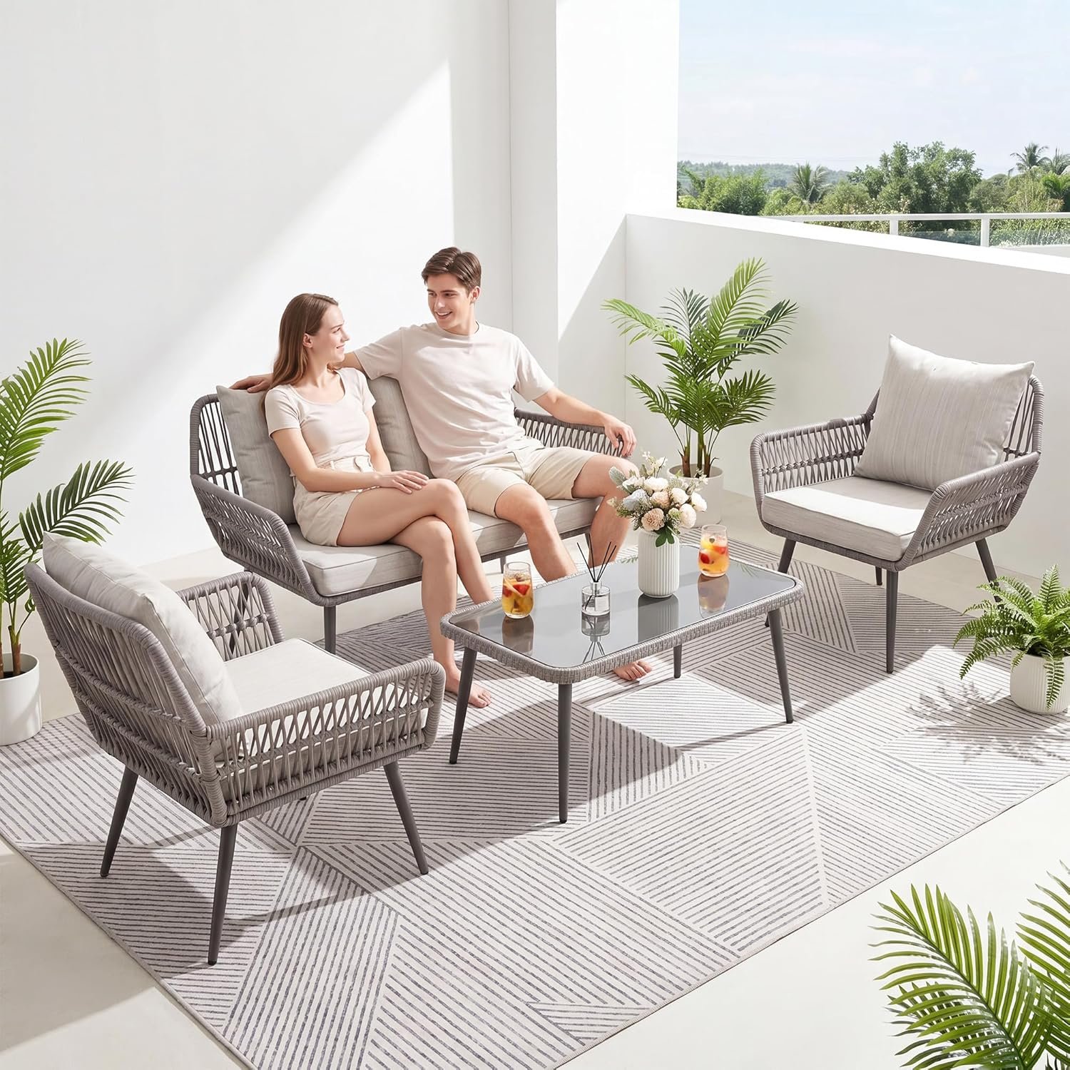 4-Piece Wicker Patio Furniture Set – Outdoor Conversation Set with 2 Armchairs, Loveseat & Tempered Glass Coffee Table, All-Weather Rattan Couch for Backyard, Deck, Balcony, Gray