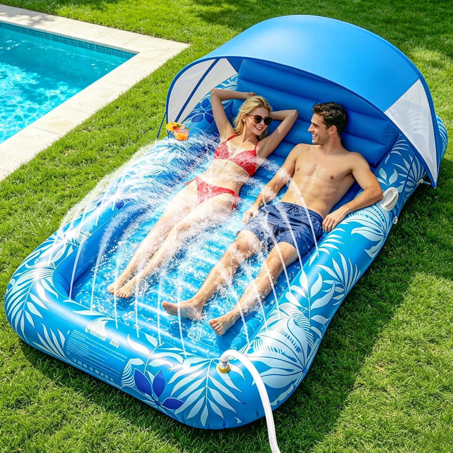 SUNNINO Inflatable Tanning Pool Lounger Float with Sprinkler & UV Protection Canopy, 77″x48″ Extra Large Pool Floats Adult with Pillow, Cup Holder, Sunbathing Lounge Bed for Pool Beach Backyard