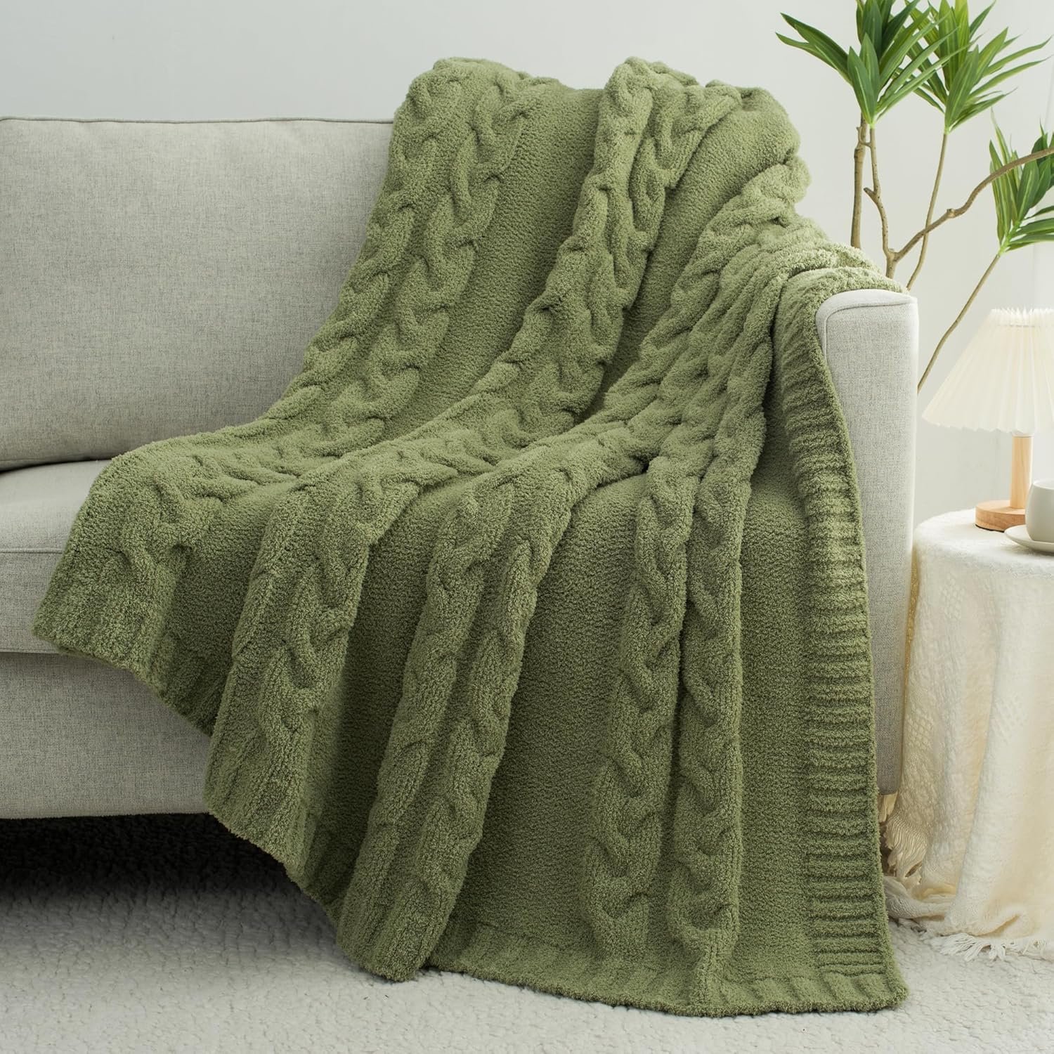 Chunky Knit Blanket Super Soft Cable Fluffy Microfiber Cozy Warm Winter Blankets for Couch Sofa Bed Twin Size 60″X80″ Olive Green