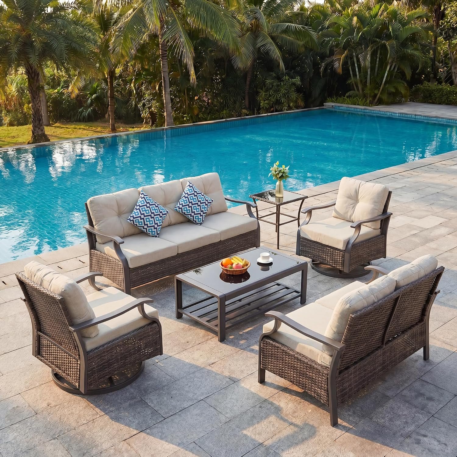 6 Pieces Outdoor Conversation Sets with Swivel Chairs, Metal Outdoor Patio Furniture Set, Wicker Rattan Outdoor Sectional Sofa Set for Backyard, Deck, Porch, Beige