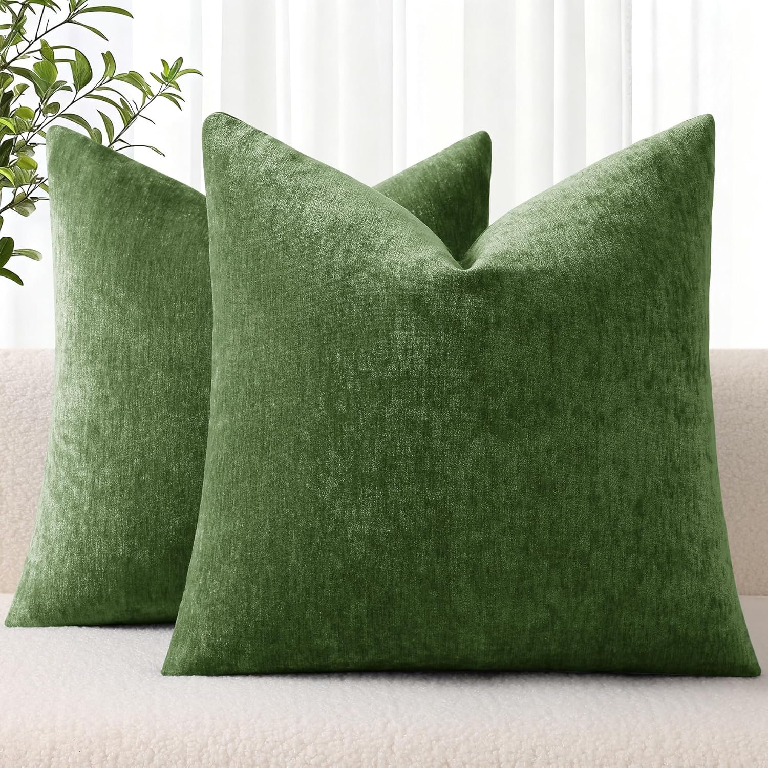 decorUhome Chenille Moss Green Throw Pillow Covers 18×18 Inch Set of 2, Decorative Soft Couch Pillow Covers Solid Dyed Accent Farmhouse Neutral Square Pillow Cases for Sofa