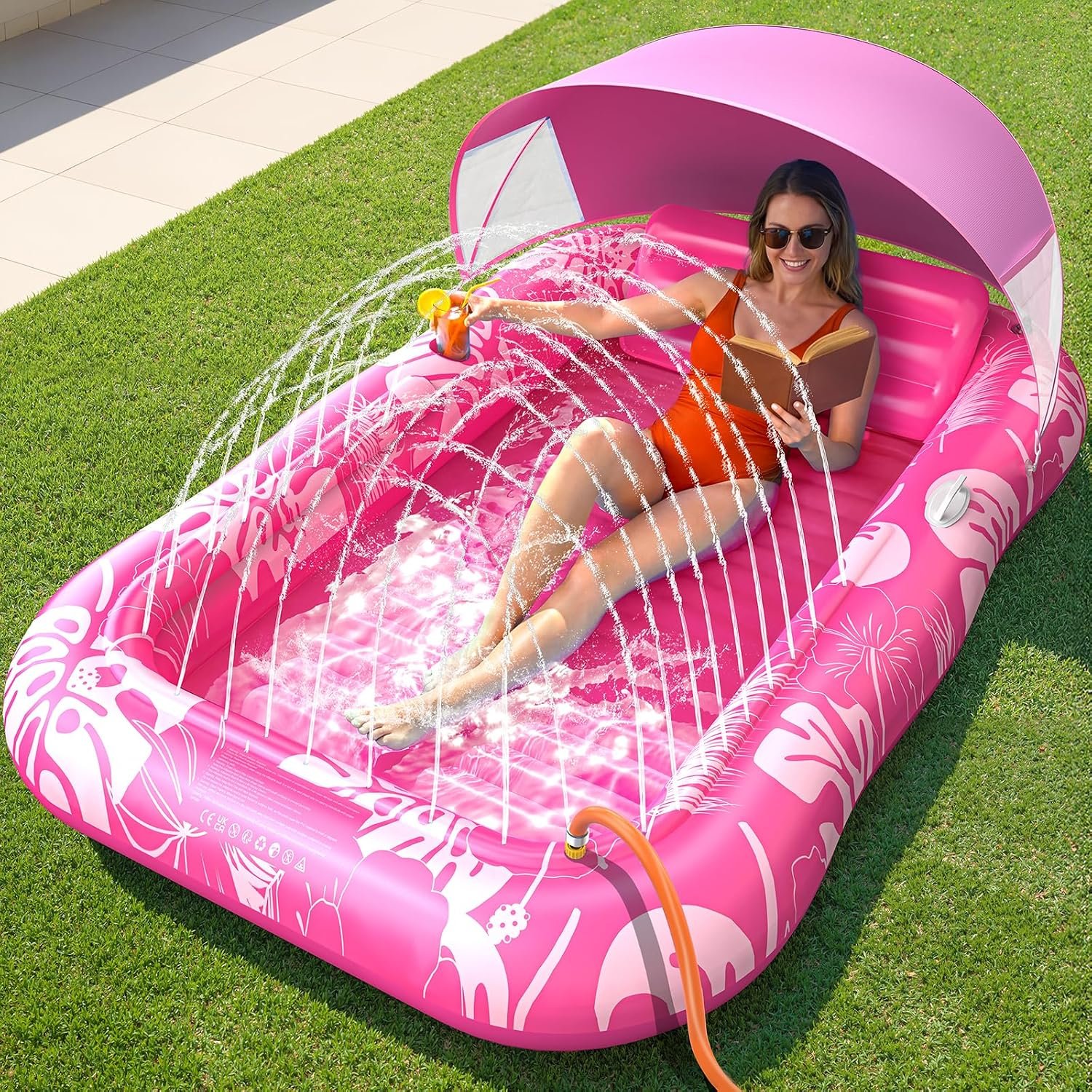 Inflatable Tanning Pool Lounger Float with Sprinkler & Canopy UPF50+, 77″ x 48″ Extra Large Tanning Pool Float for Adults, Sunbathing Water Lounge Bed with Pillow & Cup Holder for Backyard & Pool