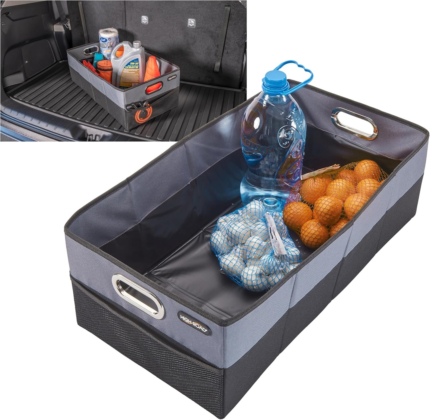 High Road CargoCube Car Storage Bin – Leakproof Car Trunk Storage Organizer with Metal Handles and Front Mesh Pocket, 12×24 Inches – Single pack