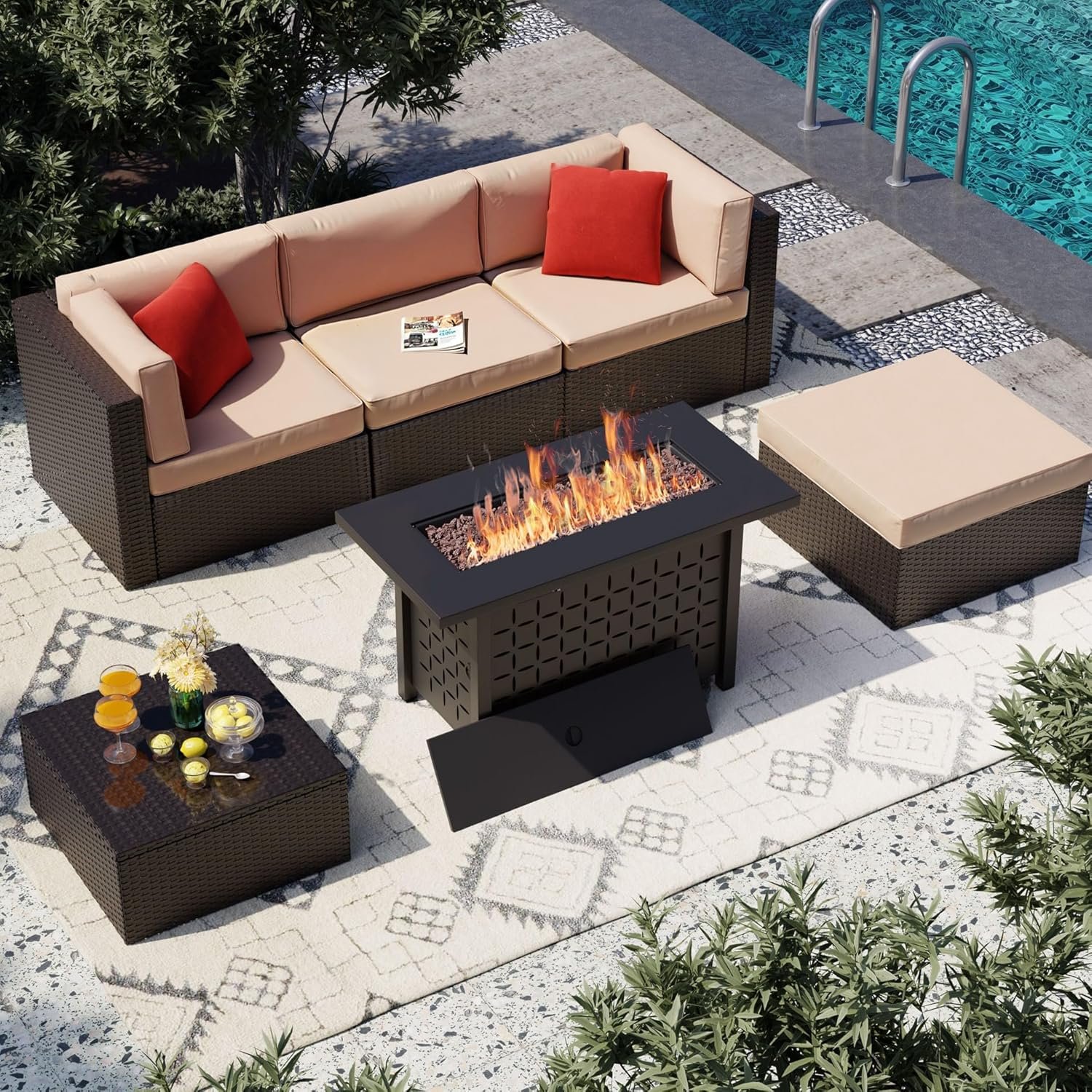 Vongrasig 6 Piece Patio Furniture Set with Fire Pit Table, Outdoor Conversation Sets Rattan Sectional Sofa with Coffee Table, 43 inch Propane Gas Firepit Table with Lid, Beige