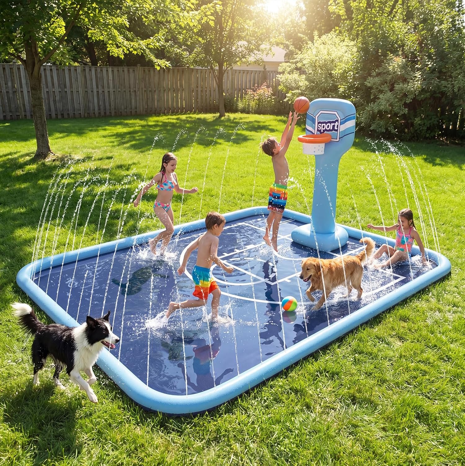 Splash Pad for Kids, 118″x138″ Extra Large Sprinkler Splash Pad with Basketball Hoop & Ball, Non-Slip Outdoor Water Toys for Backyard Summer Fun